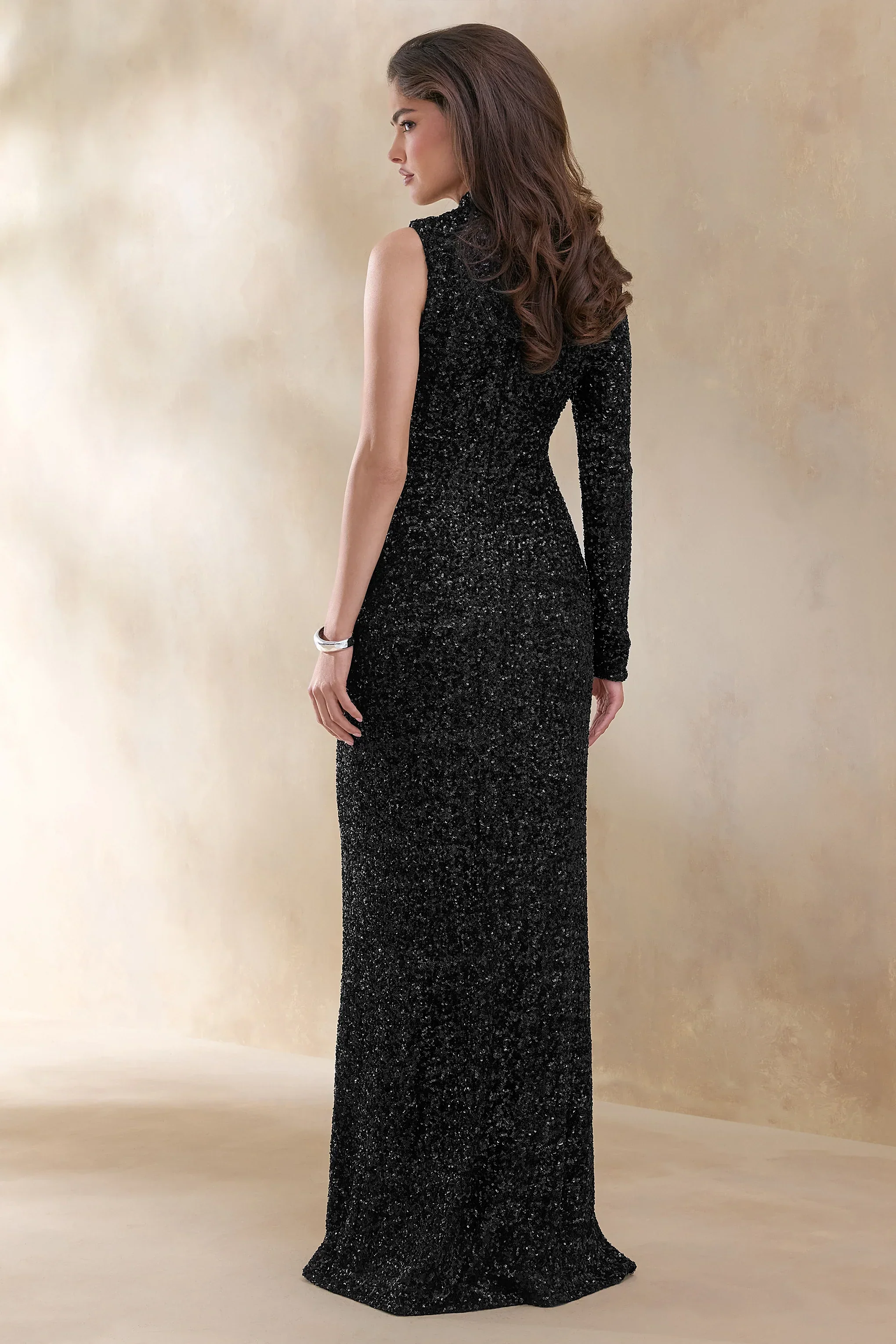 Mery | Black Sequin High-Neck Wrap Maxi Dress With One-Long Sleeve
