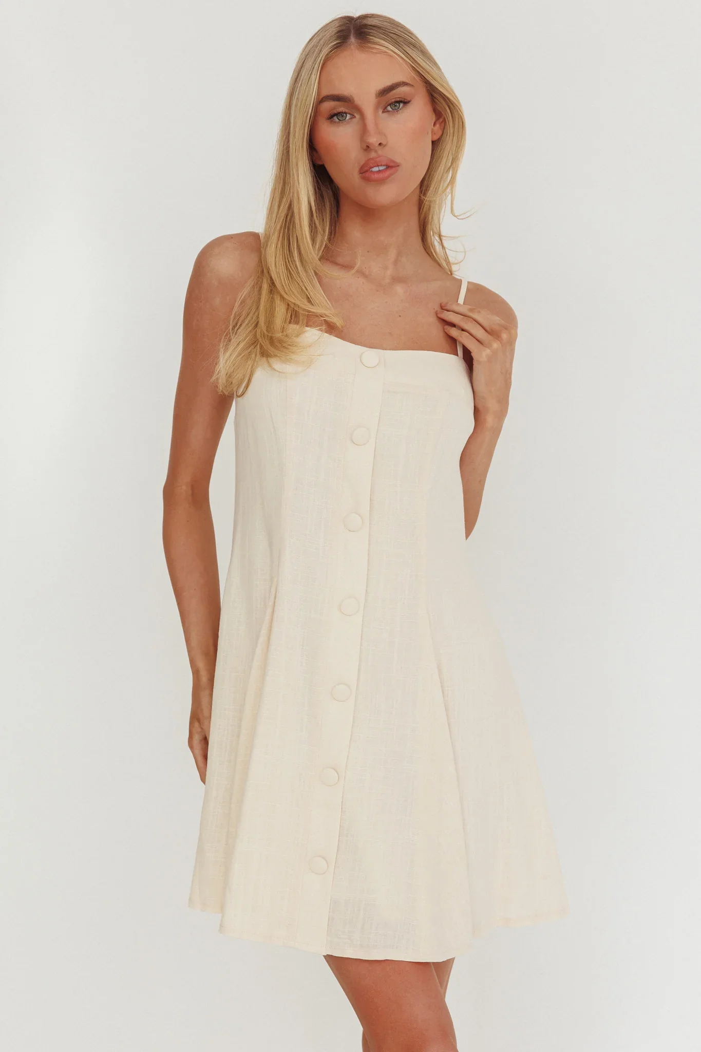 Fianna Button Front Godet Mini Dress Cream