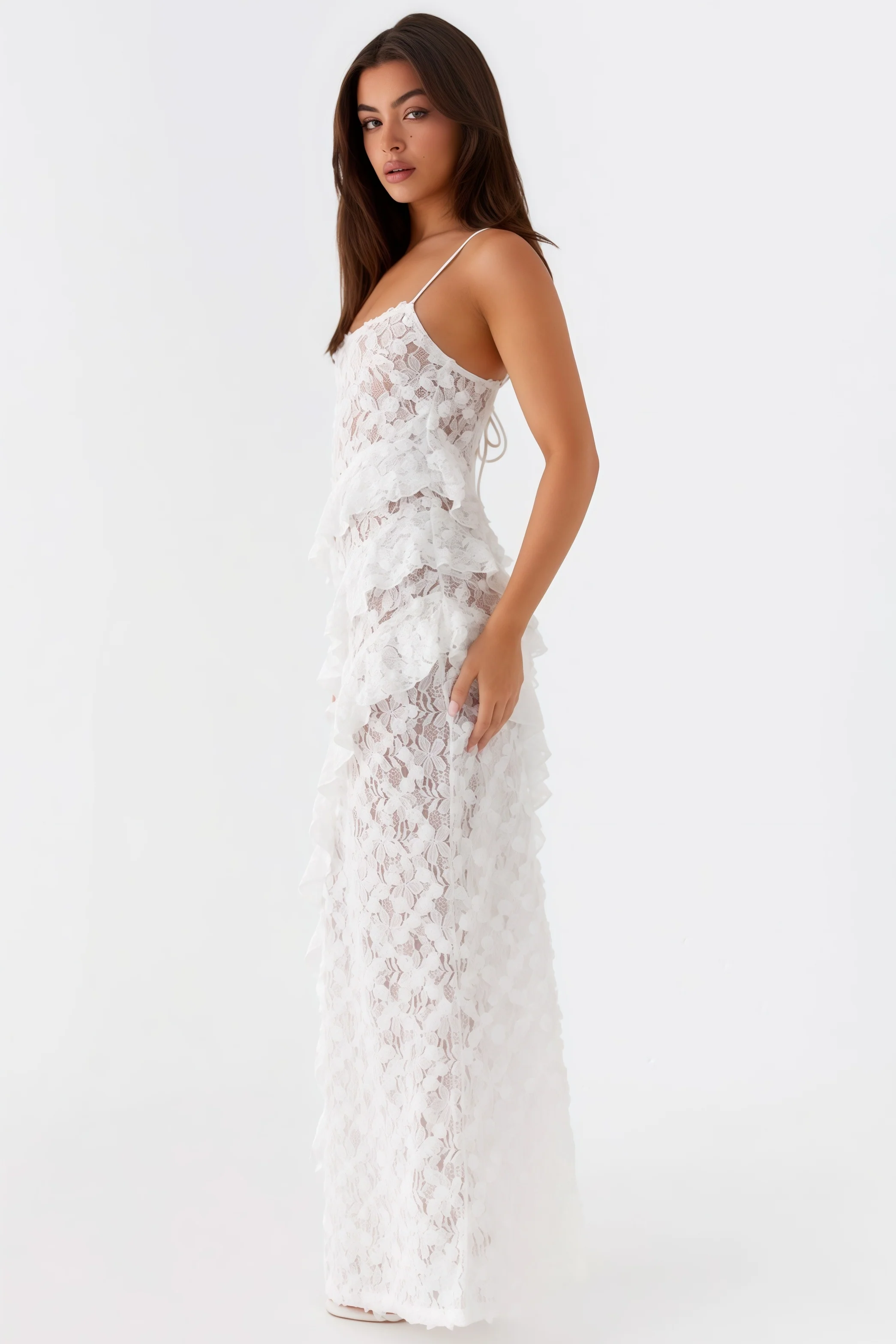 Nevah White Lace Frill Maxi Dress