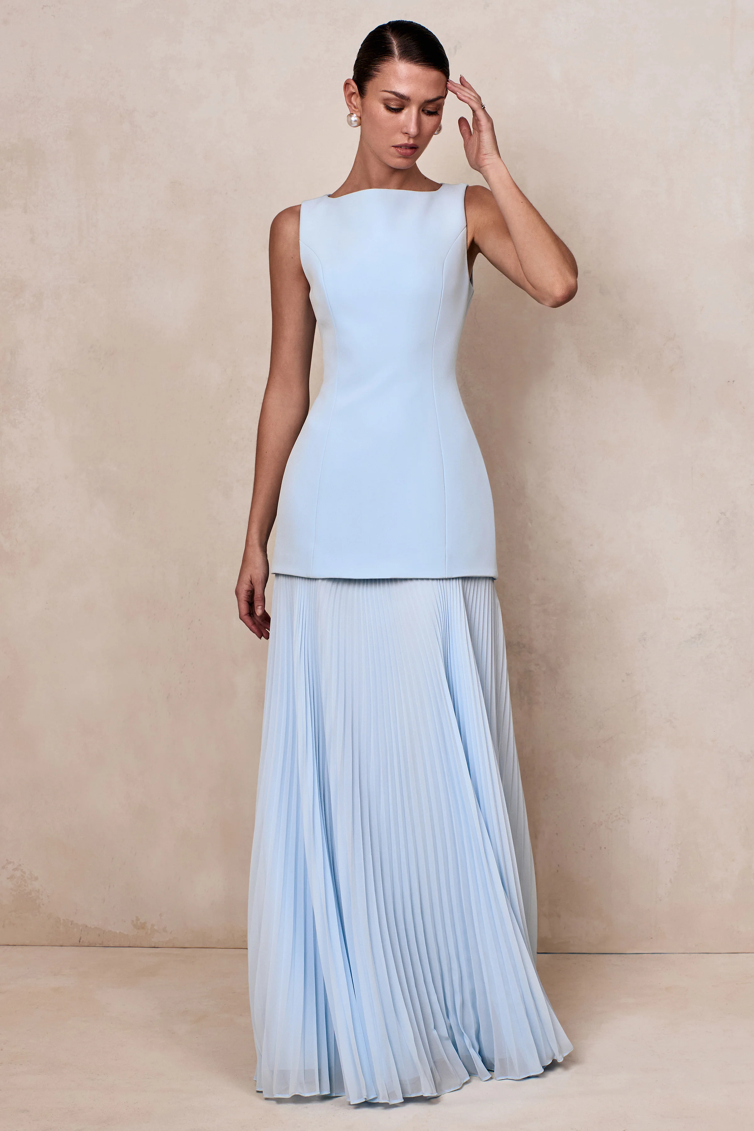 Hadley | Powder Blue Boat-Neck Maxi Dress With Drop-Waist