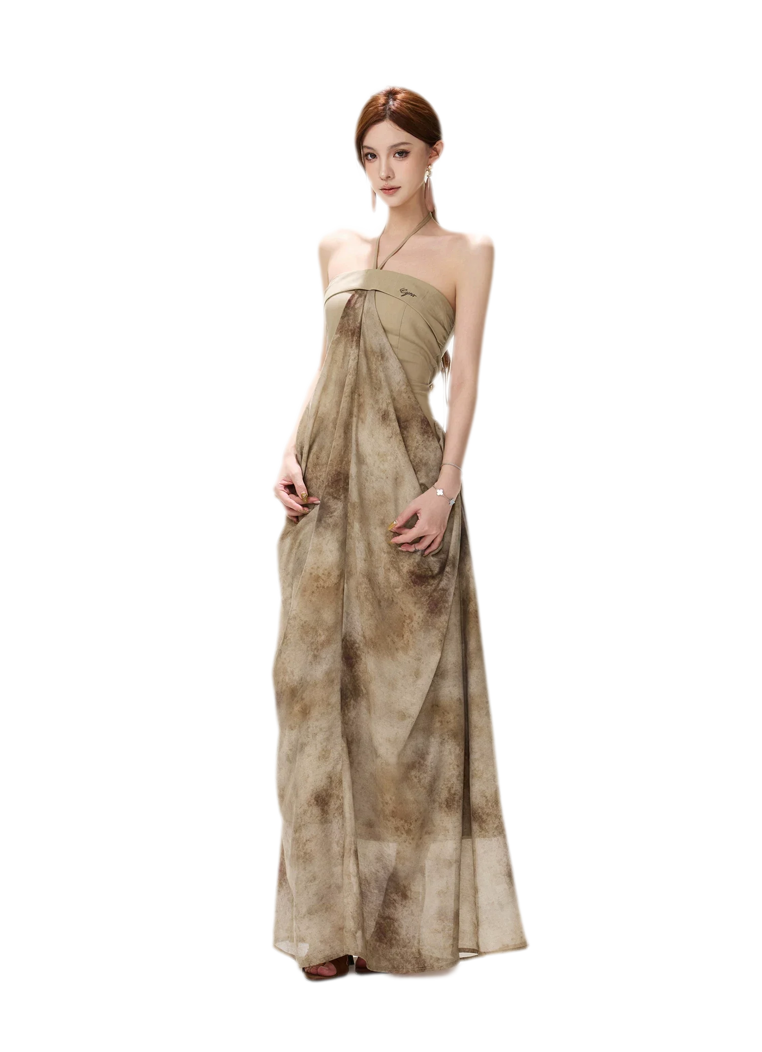 Ink-Wash Pleated Halter Dress