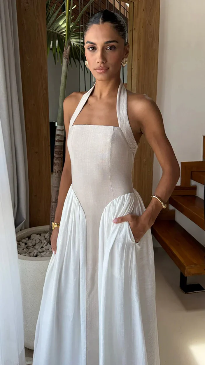 Sammi Halter Midi Dress - Sand/White