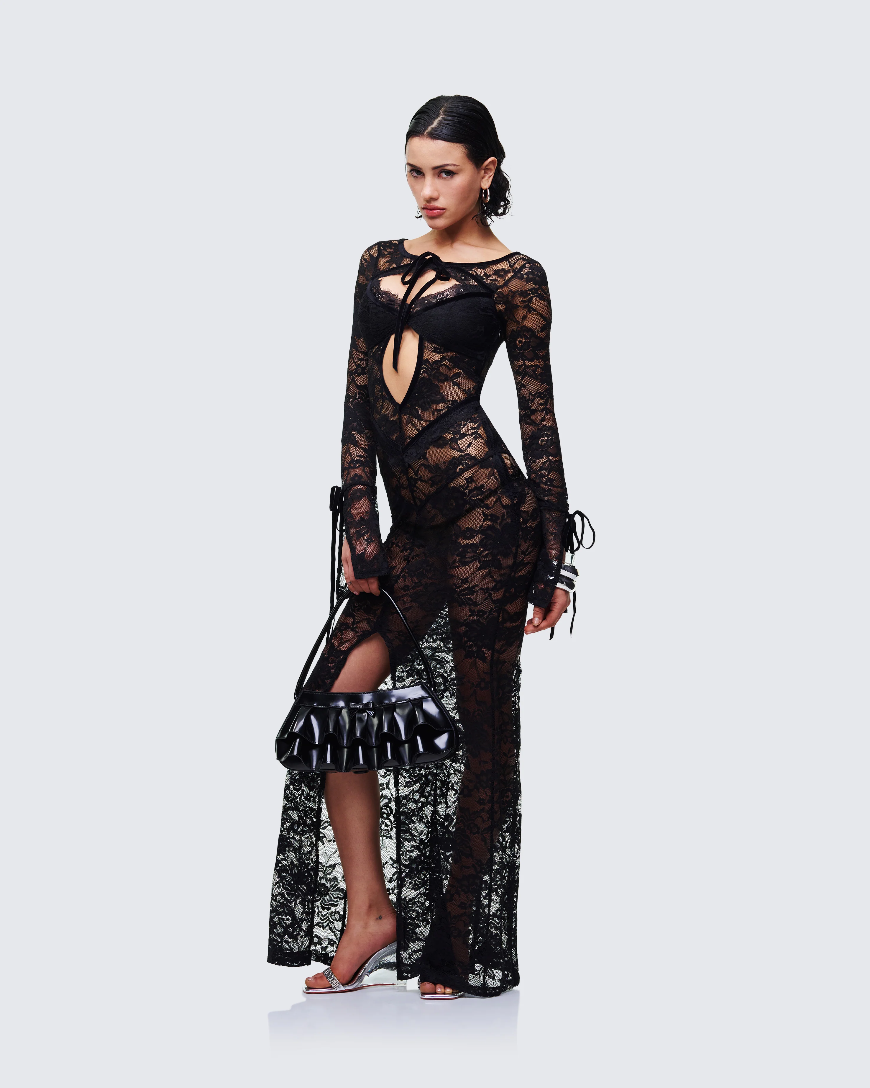 Sonia Black Sheer Peekaboo Lace Maxi Dress