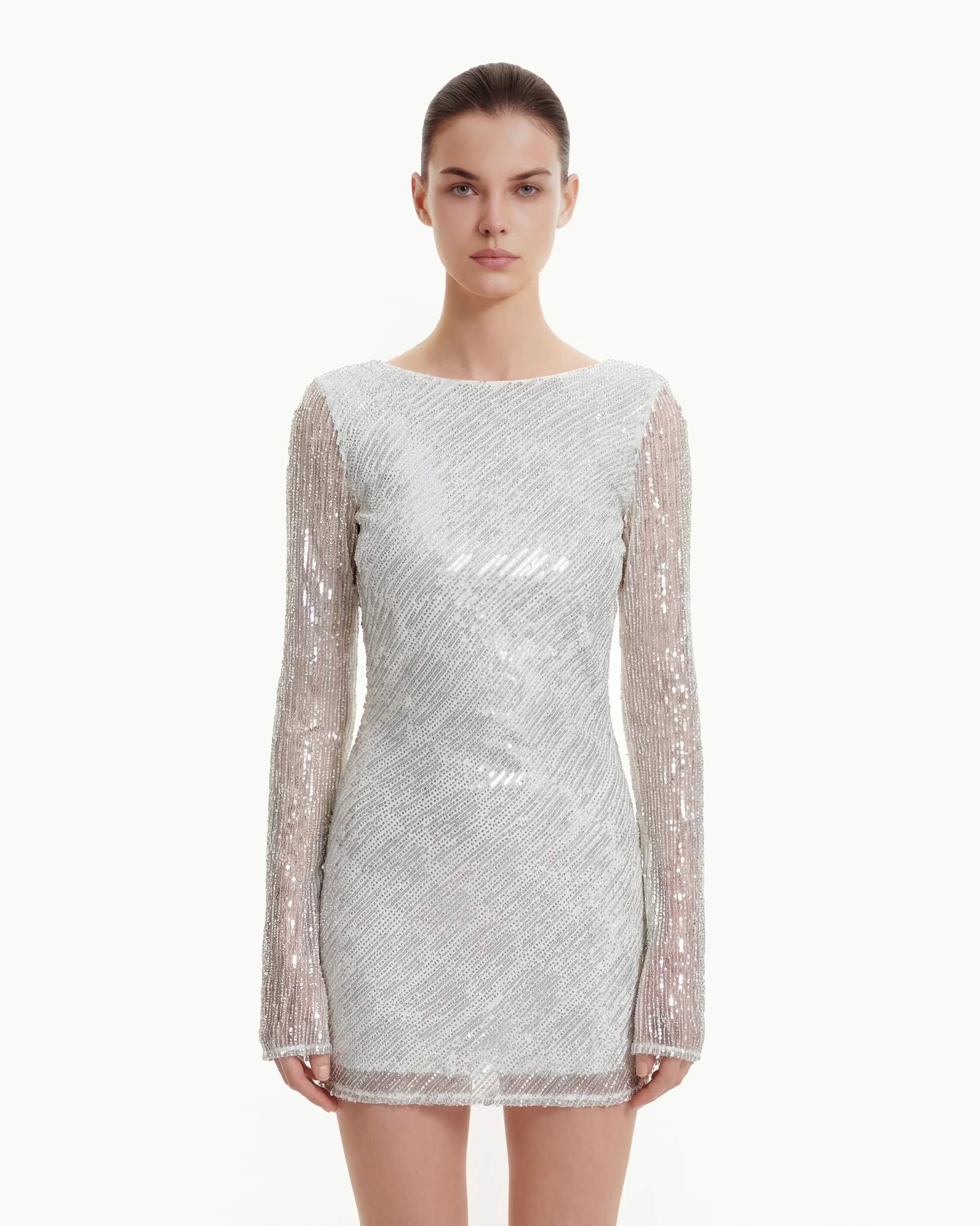Diagonal Sequin Open-Back Long Sleeve Mini Dress - White - FASHION NOB