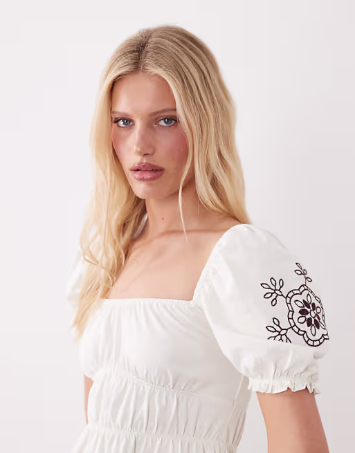 Miss Selfridge puff sleeve milkmaid mini dress with embroidery