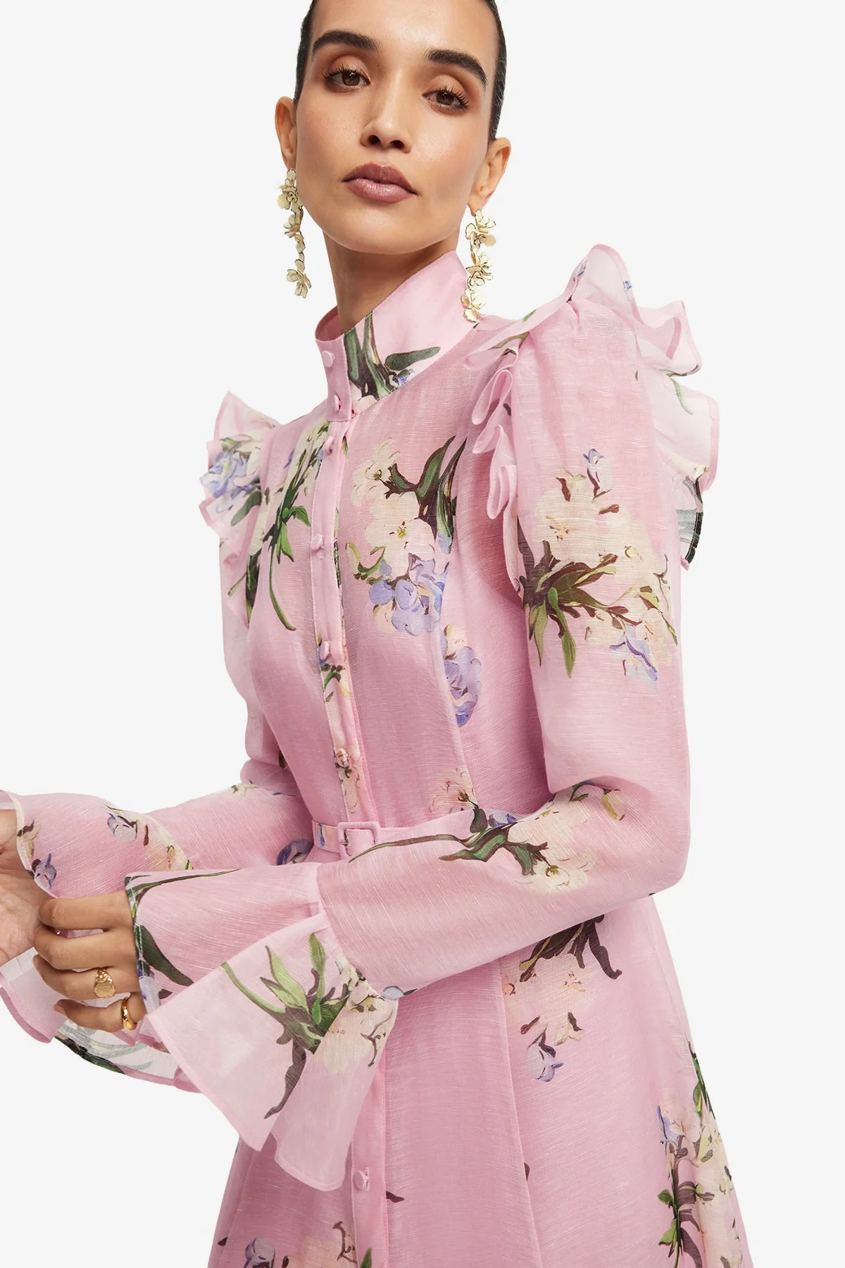 Katrina Butterfly Sleeve Midi Dress - Bouquet Print in Pastel Pink