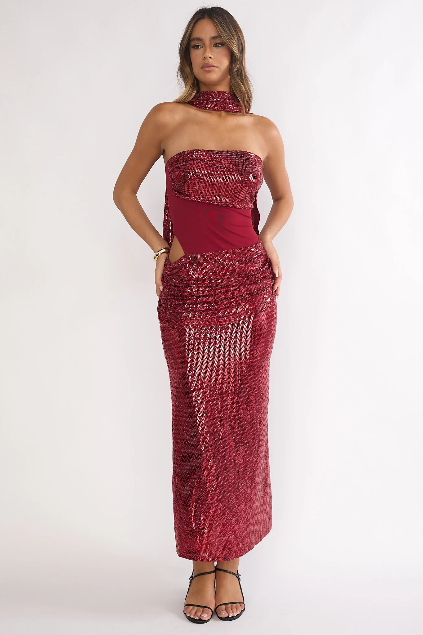Seraphinna Strapless Cut-Out Maxi Dress Sequin Red