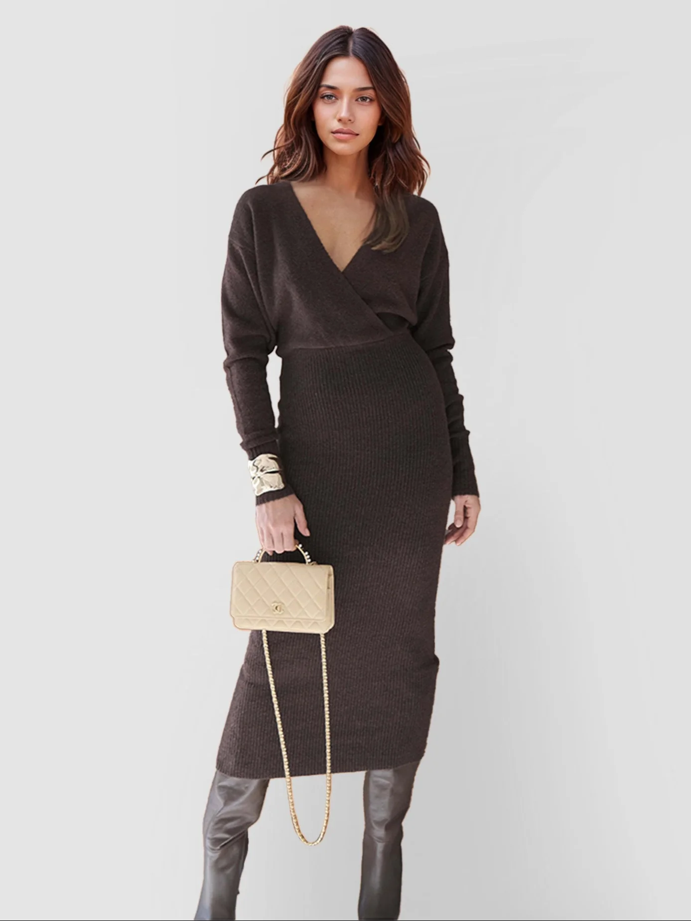V-Neck Knit Ribbed Dress