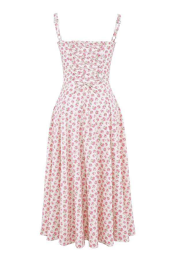 White Rosebud Print Cotton Bustier Sundress