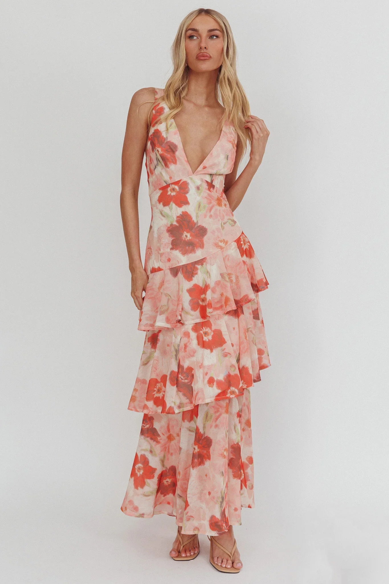 Veda Strappy Back Ruffle Maxi Dress Poppies Red