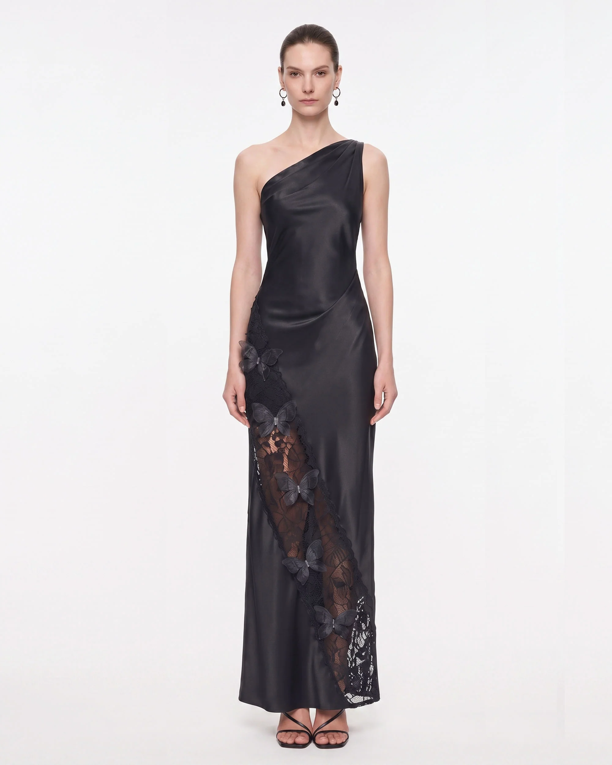 Lace Panel One-Shoulder Satin Maxi Dress - Black