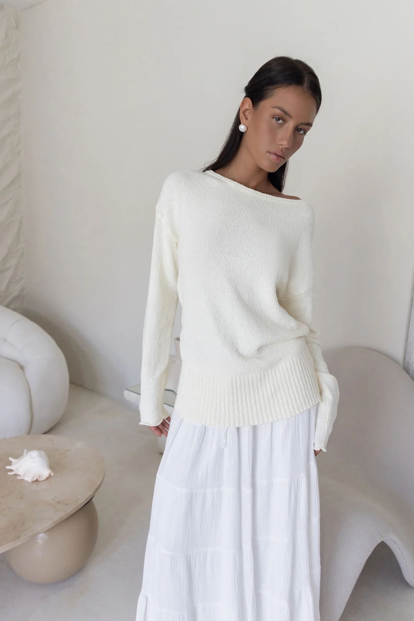 Sugar Petal Off Shoulder Knit Sweater White