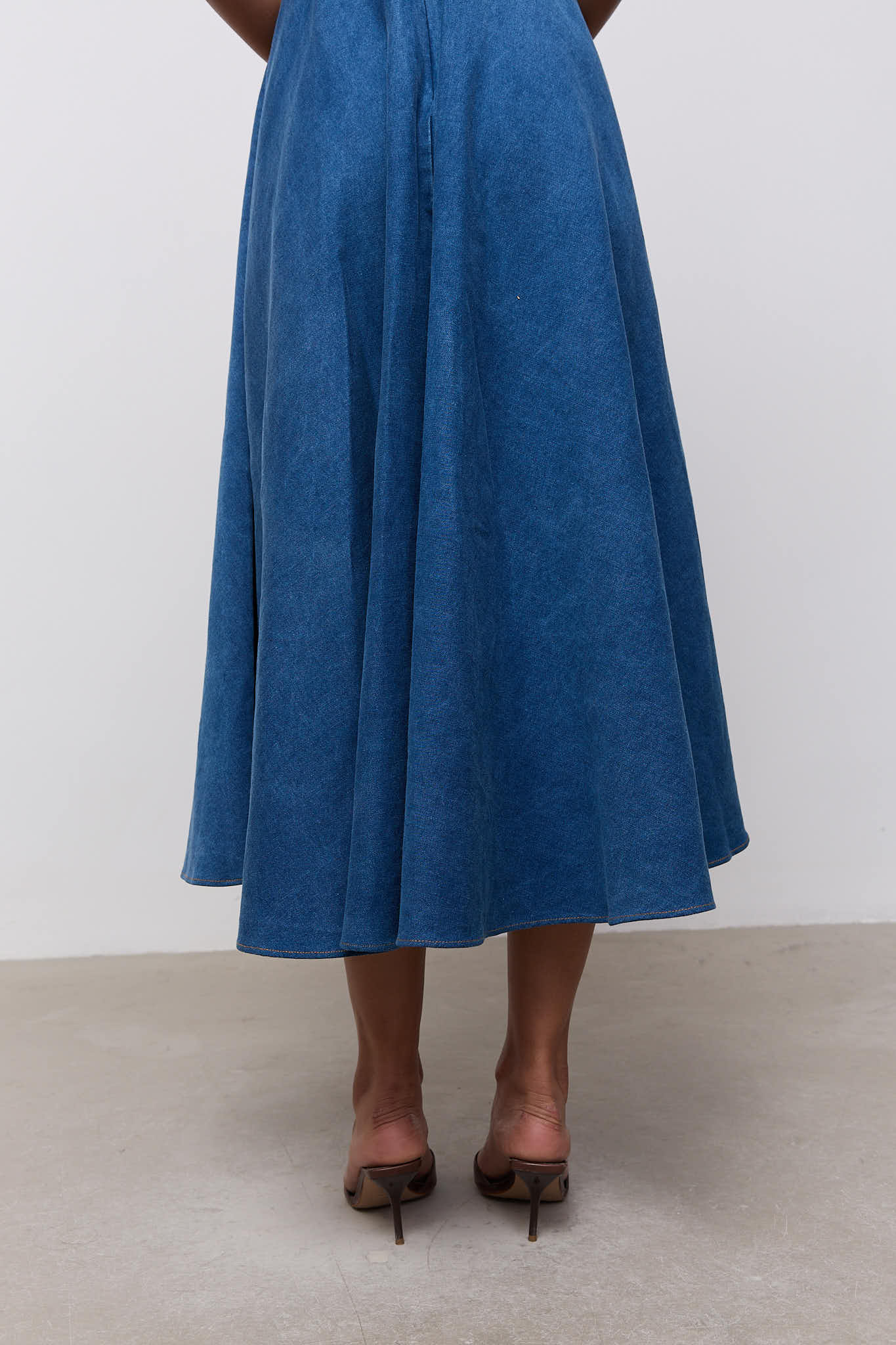 Cotton Mix Denim Square Neck Midi Dress