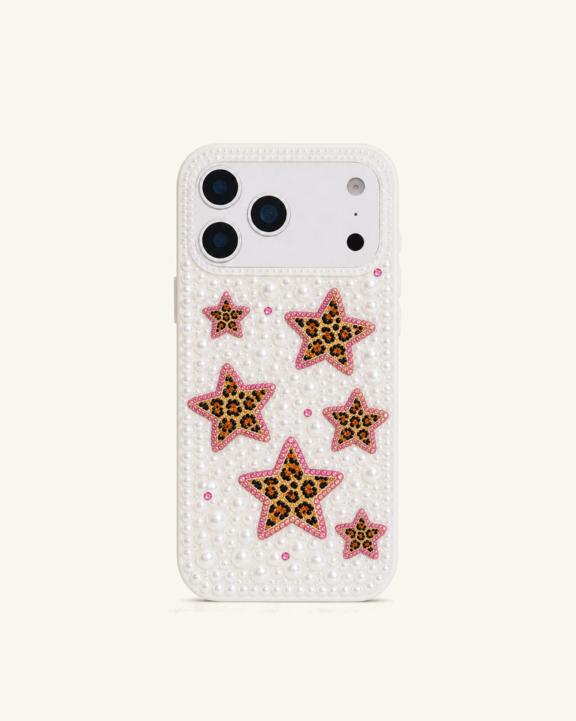 Leopard Print Star Faux Pearl Phone Case - White