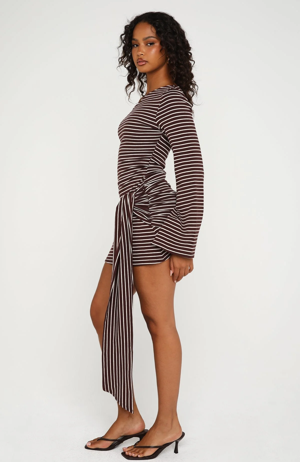 On Her Throne Off Shoulder Long Sleeve Mini Dress Chocolate/Marle Stripe
