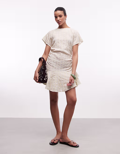 short sleeve mini dress with ruched tie waist detail in yellow plaid