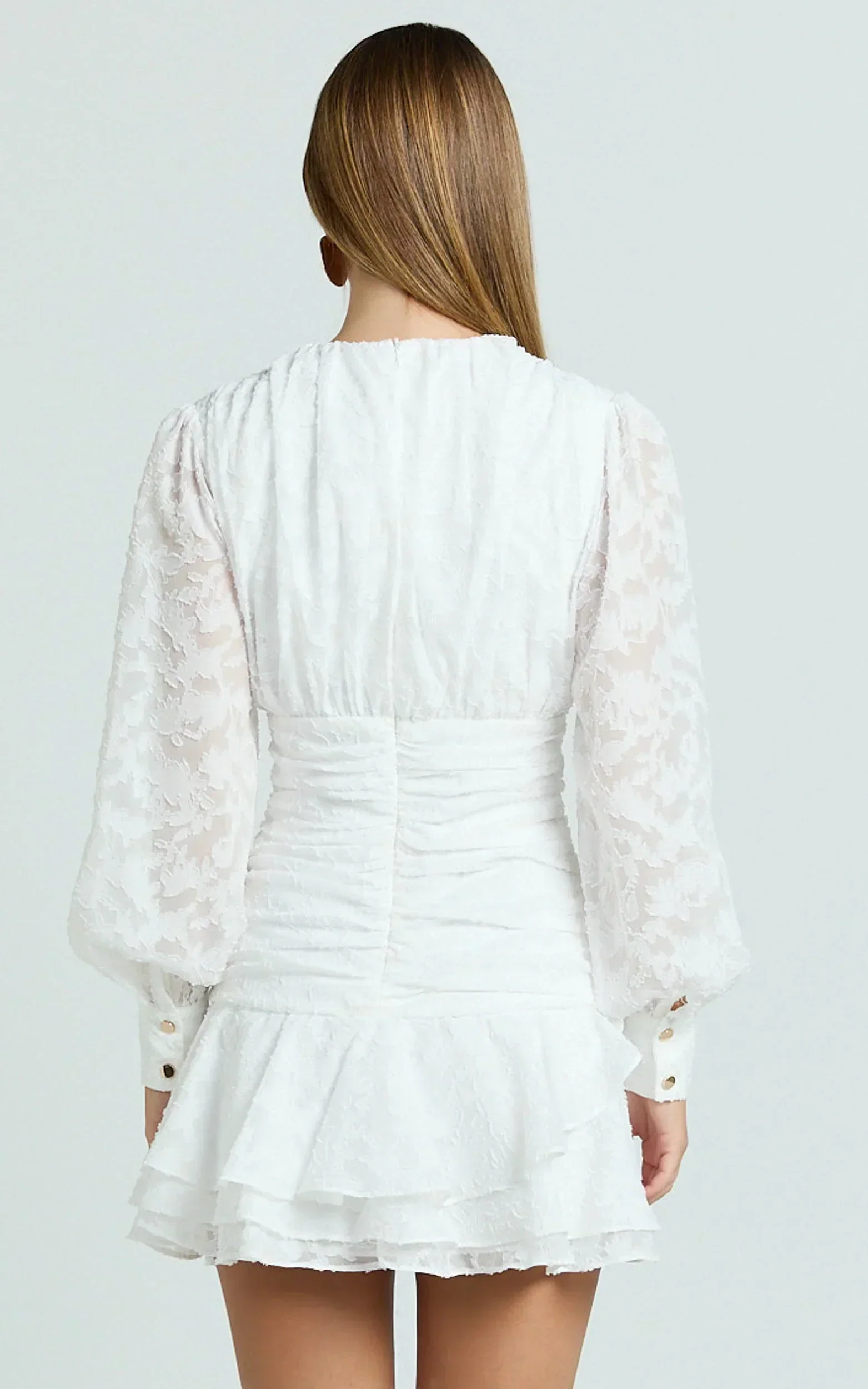 Bijou Mini Dress - Embroidery Long Sleeve Dress in White - FASHION NOB