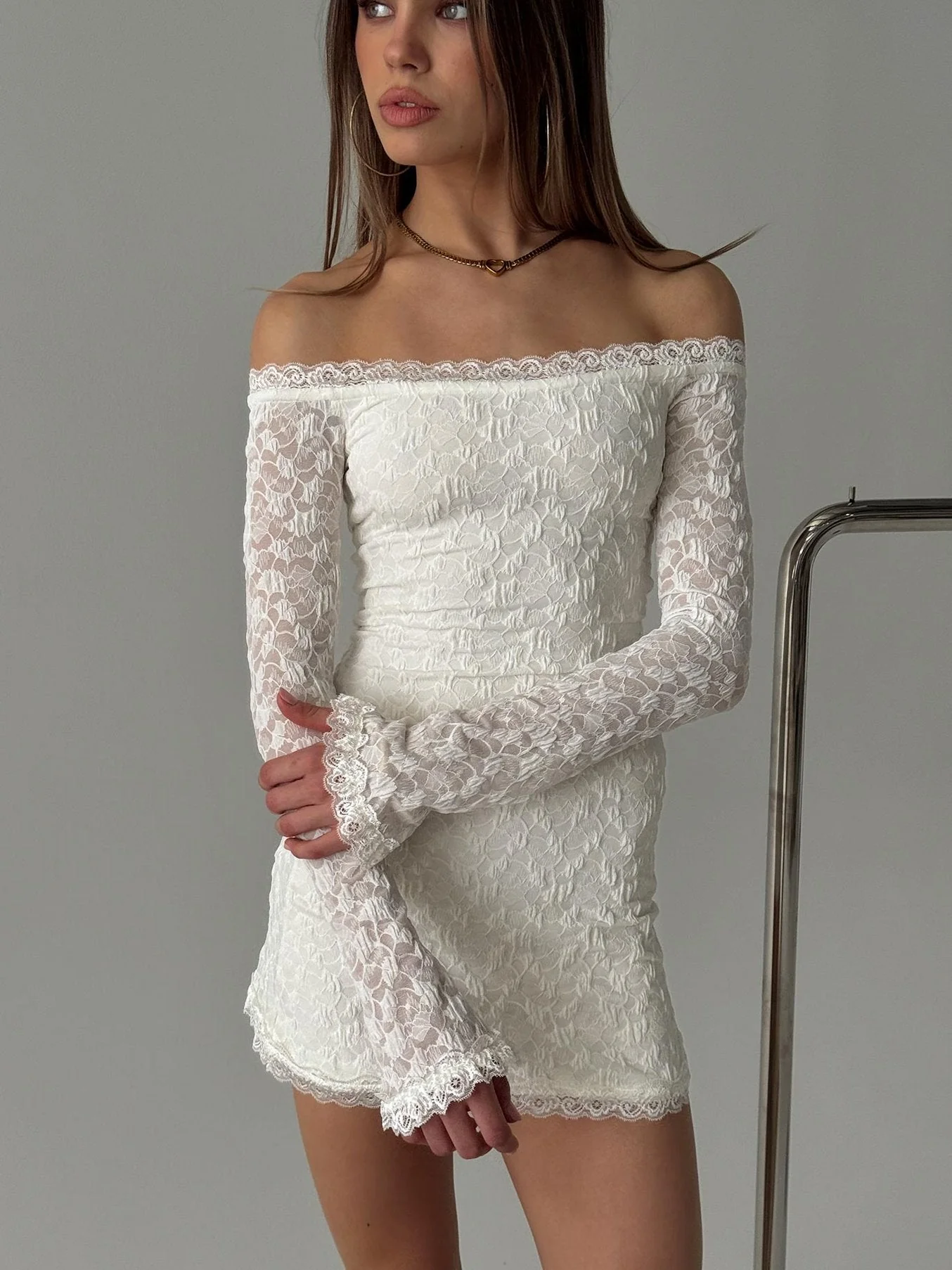 Avenues Long Sleeve Lace Mini Dress White
