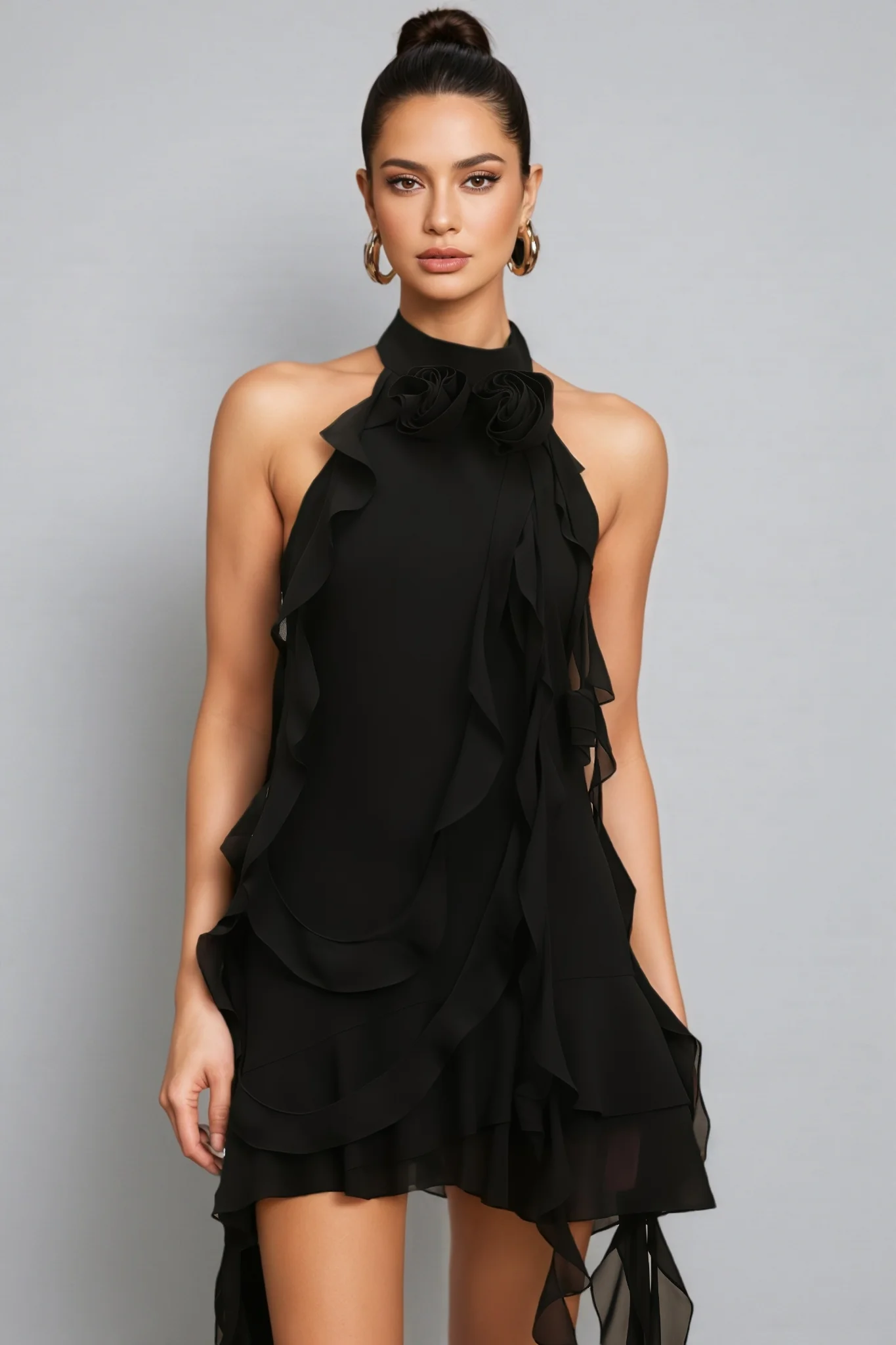 Sabrina Halter Sleeveless Flounce Flowers Mini Dress
