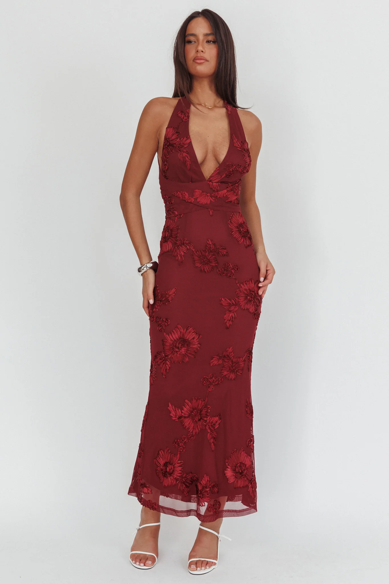 Cipriana Backless Halter Maxi Dress Embellished Wine
