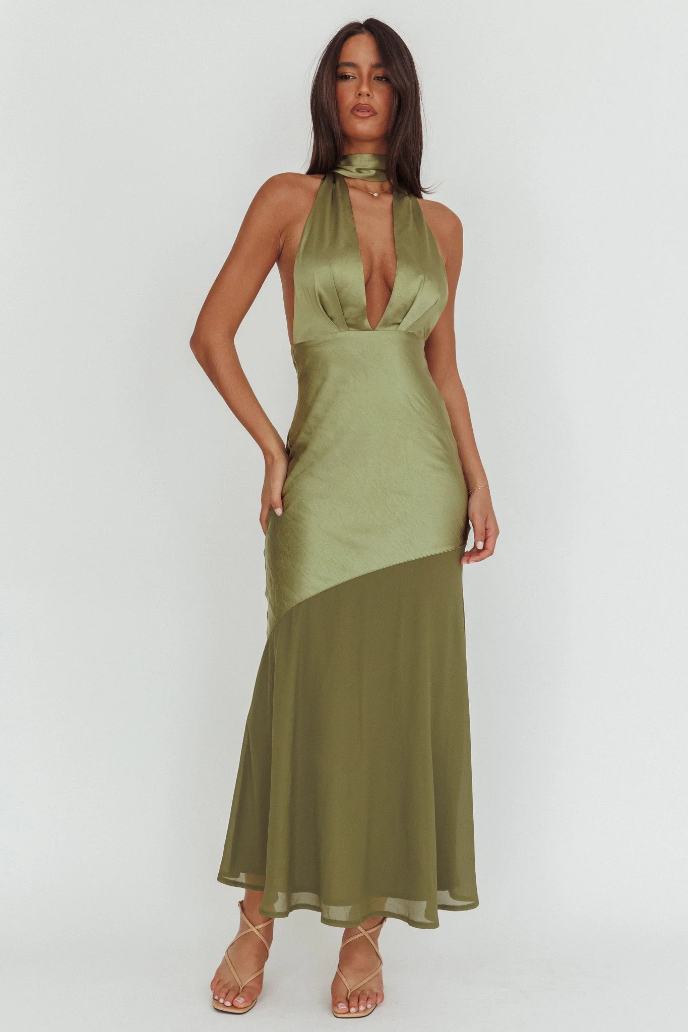 Italia Azure Halterneck Sheer Hem Maxi Dress Olive