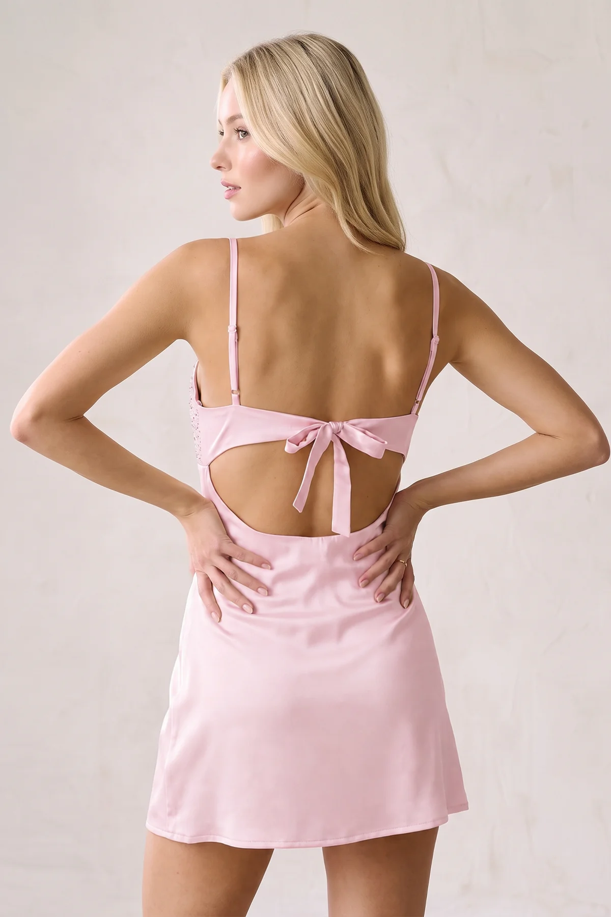 Champagne Spaghetti Straps Sheath Rhinestones Satin Homecoming Dress with Tie Back