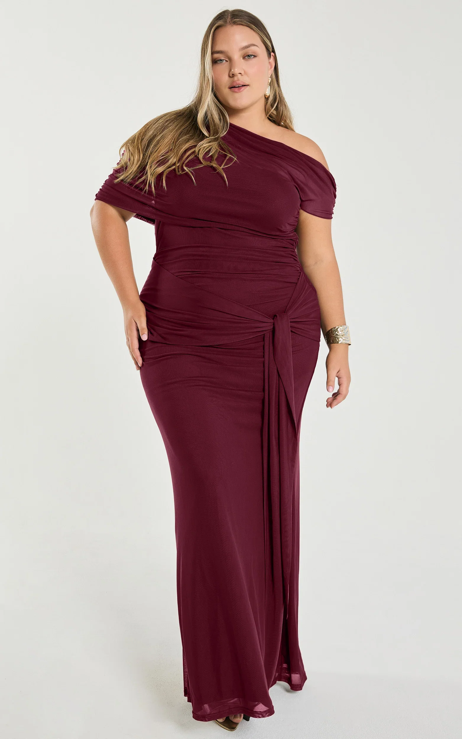 Nicolette Maxi Dress - Cape Sleeve Off Shoulder Dress in Wine