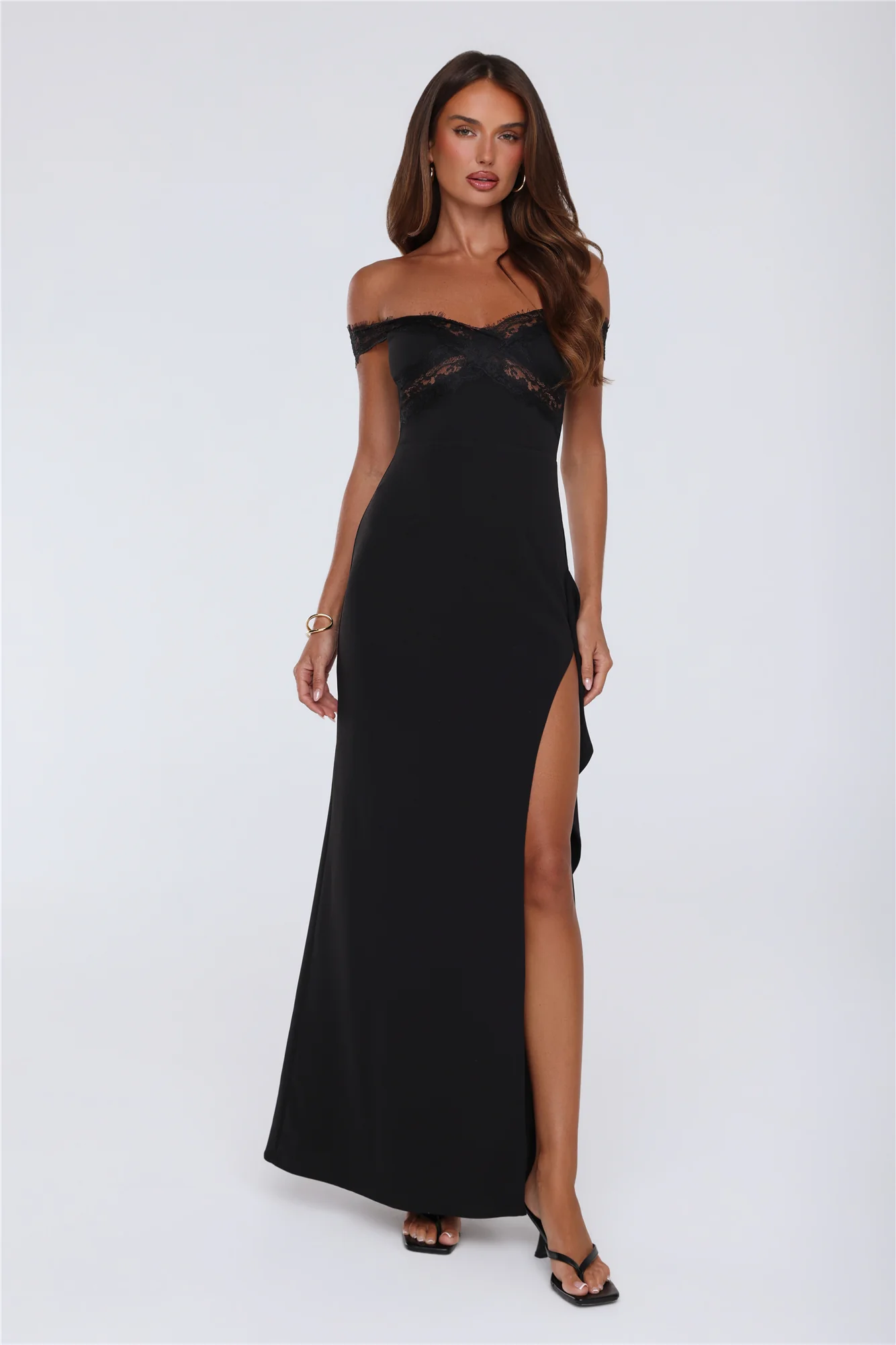 Ethereal Lace Off Shoulder Maxi Dress Black