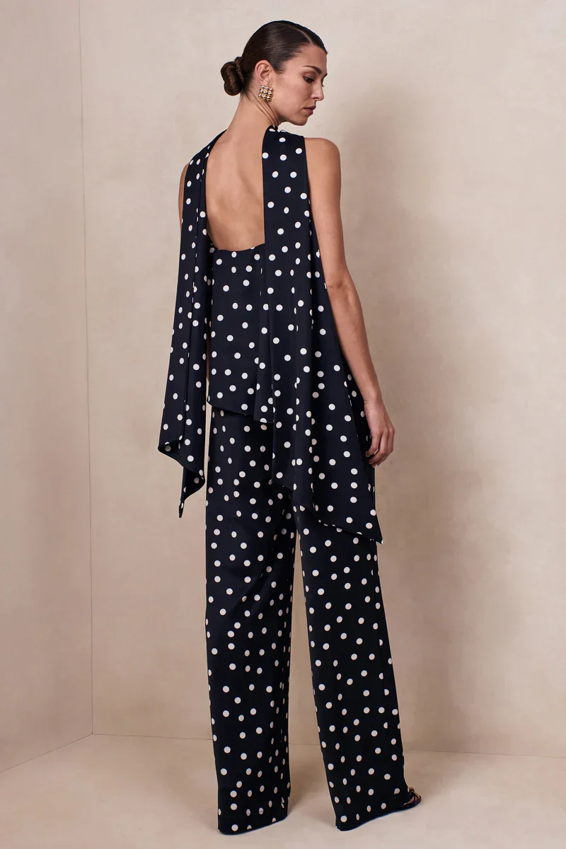 Seloria | Black & White Satin Polka Dot Wide-Leg Trouser