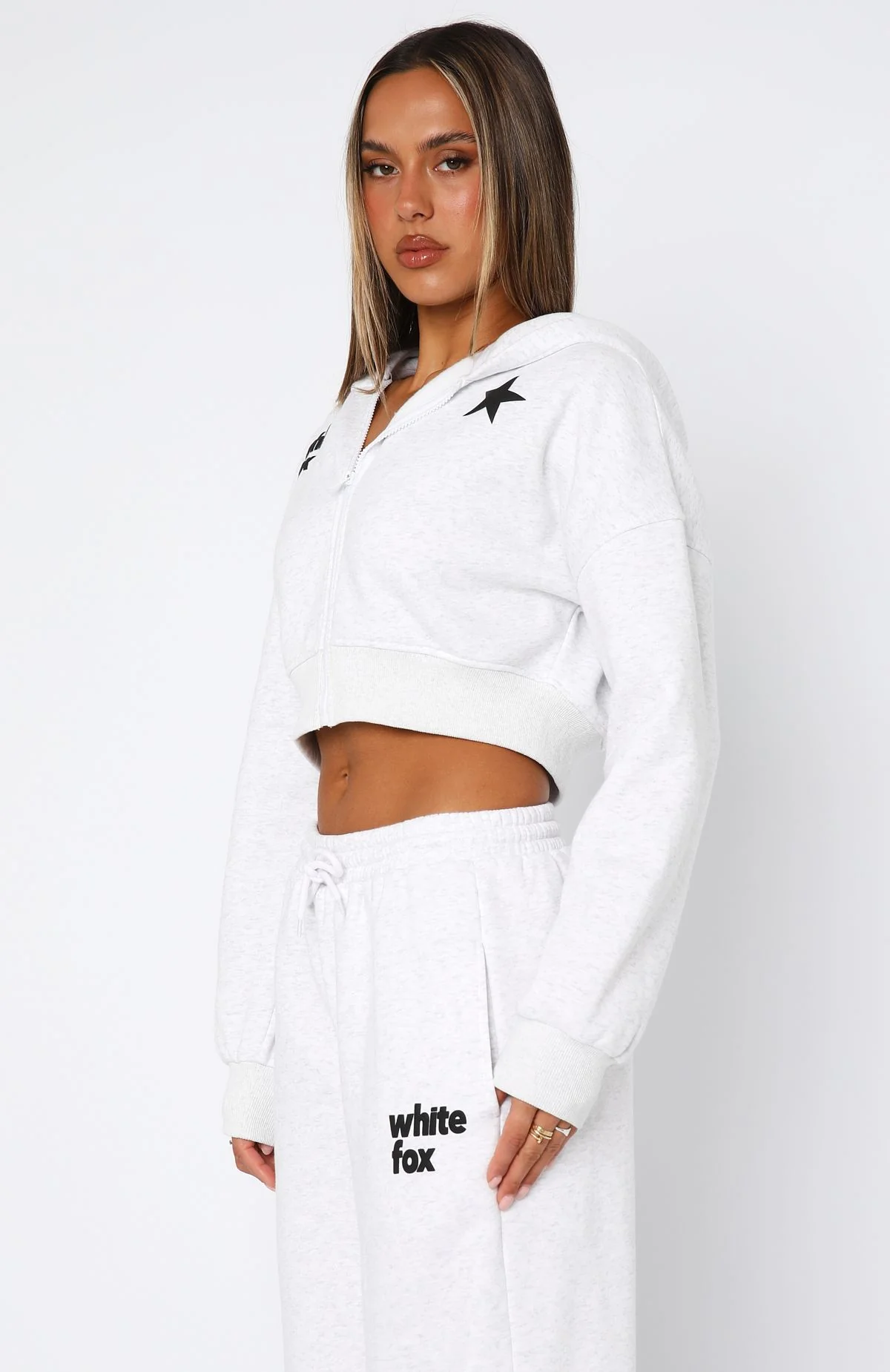 From The Archives Charli Cropped Zip Front Hoodie Grey Marle