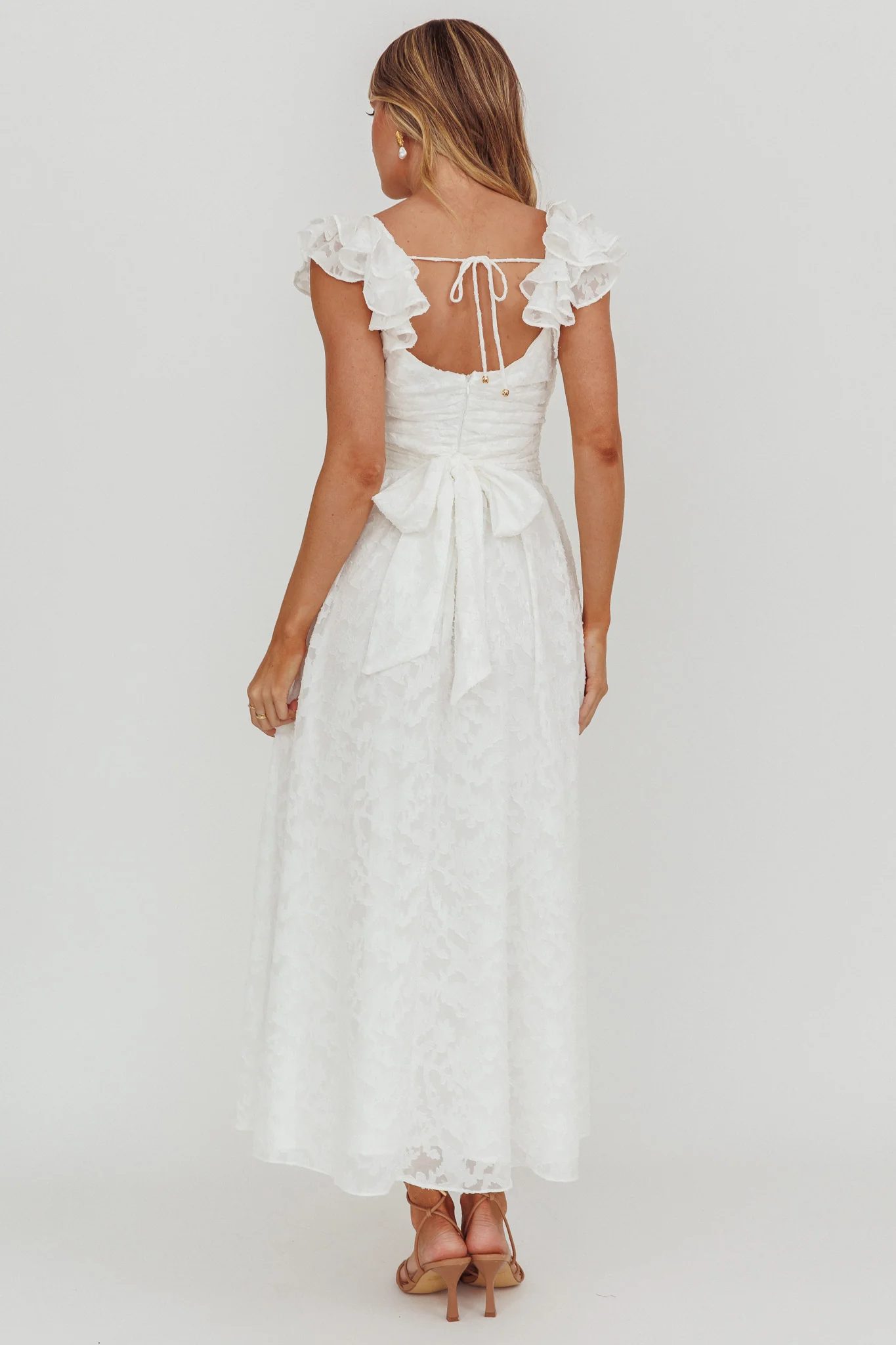 Lola Ruffle Shoulder Maxi Dress Textured White