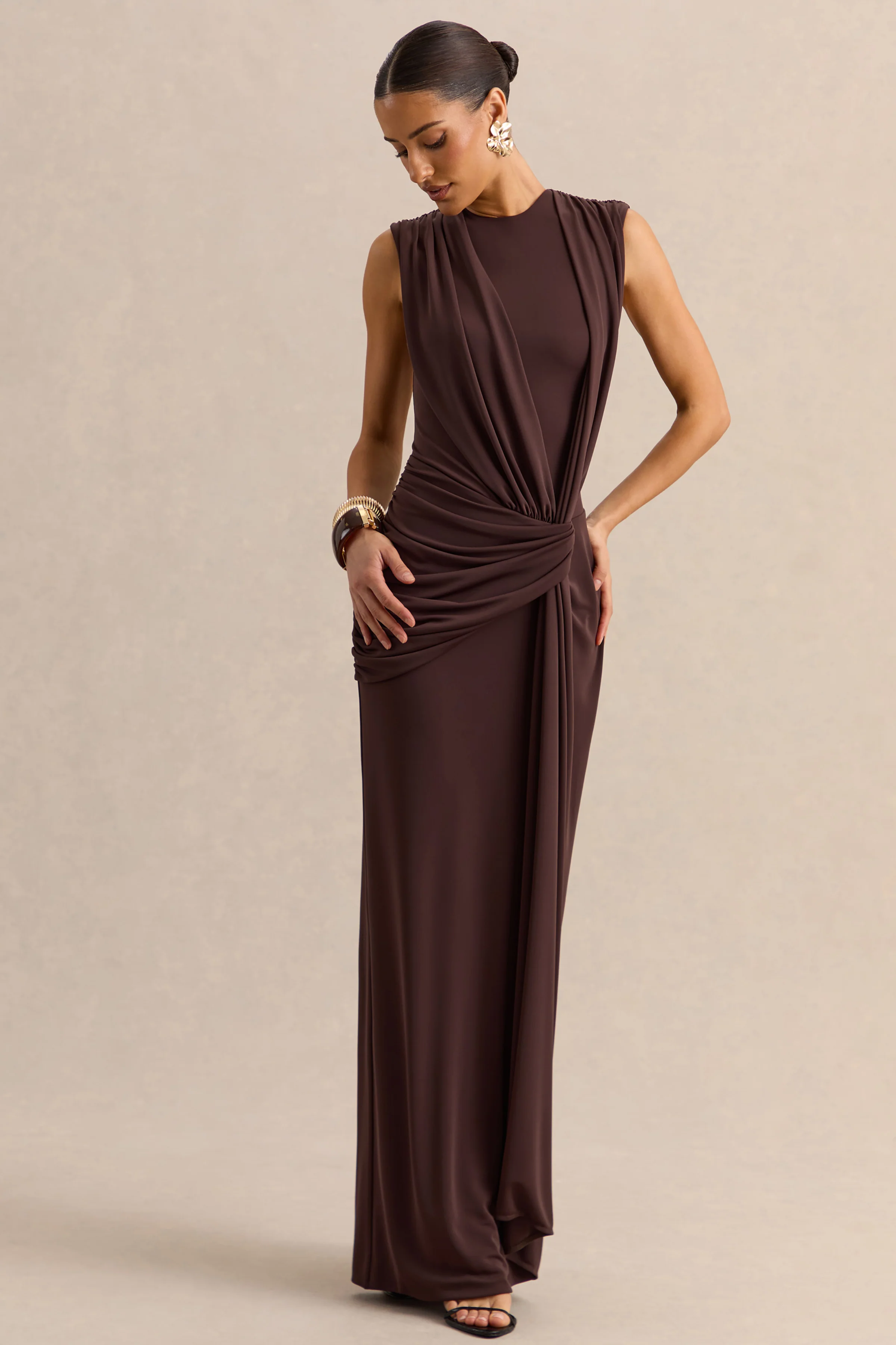 Blythia | Brown Round-Neck Maxi Dress With Gathered-Detailing
