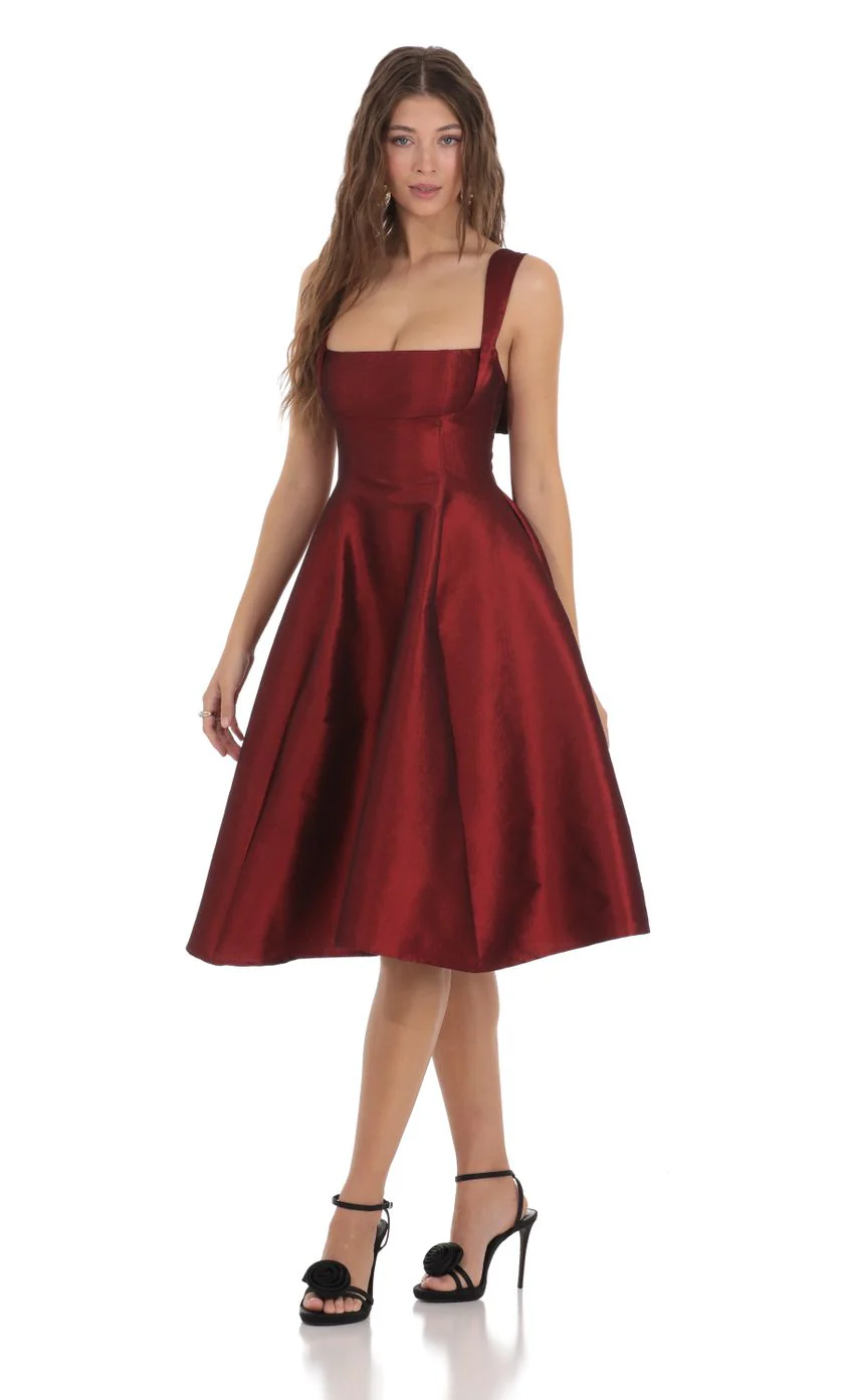 Square Neck Flare Midi Dress in Maroon - luluinthesky