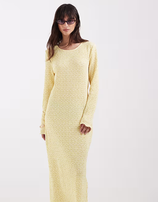 PIECES long sleeve plissé midi dress in yellow micro floral print
