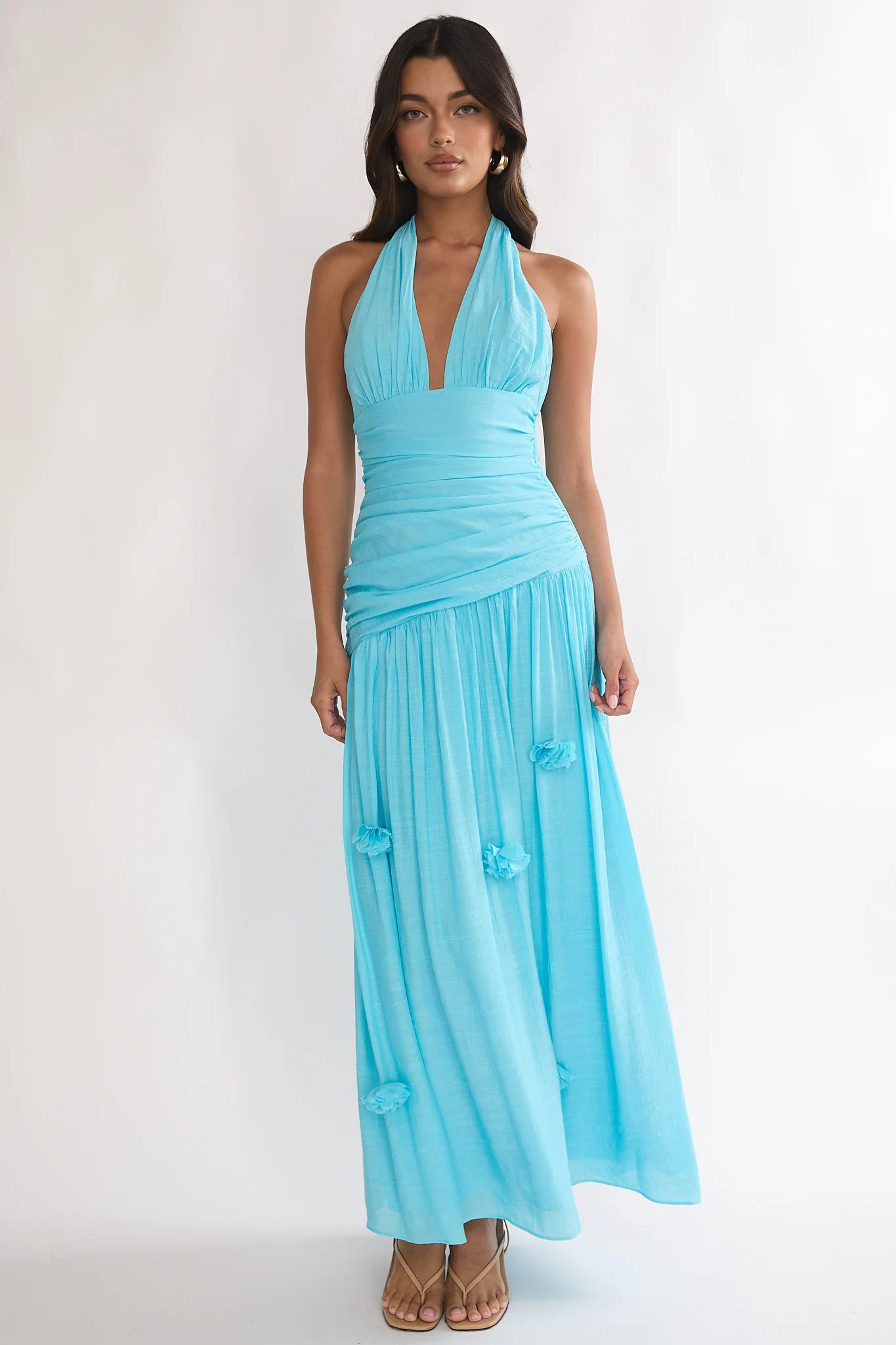 To The Sky Halterneck Maxi Dress Aqua - luluinthesky