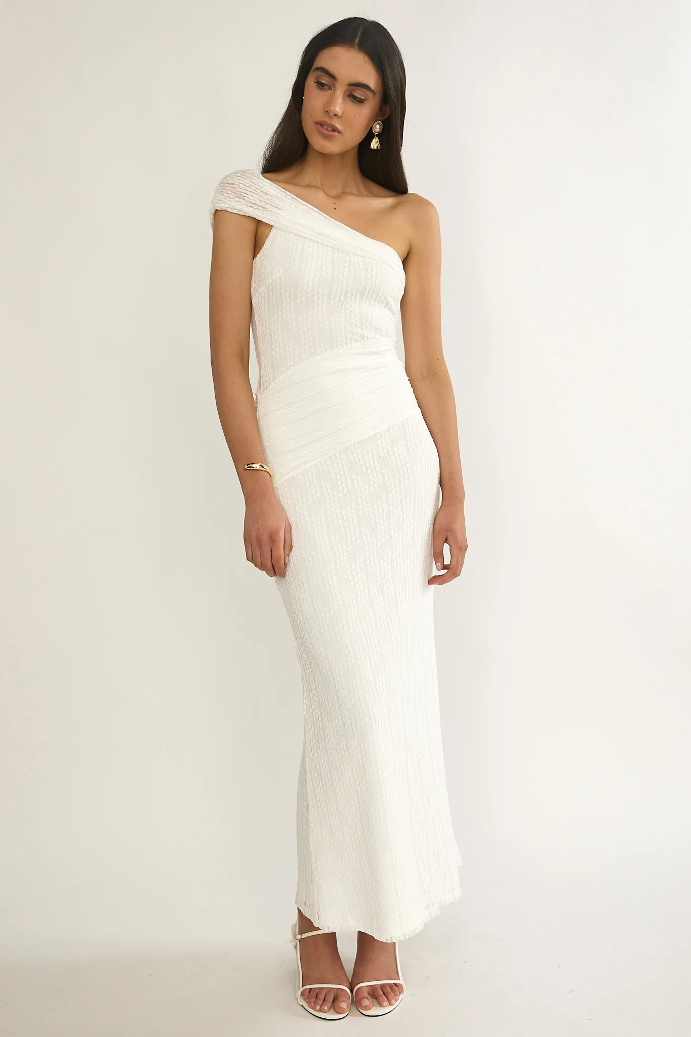 Gala One-Shoulder Textured Maxi Dress White