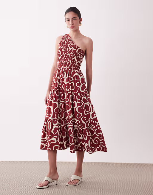 Nobody's Child Cecilia one shoulder tiered skirt cotton midi dress in brown abstract print