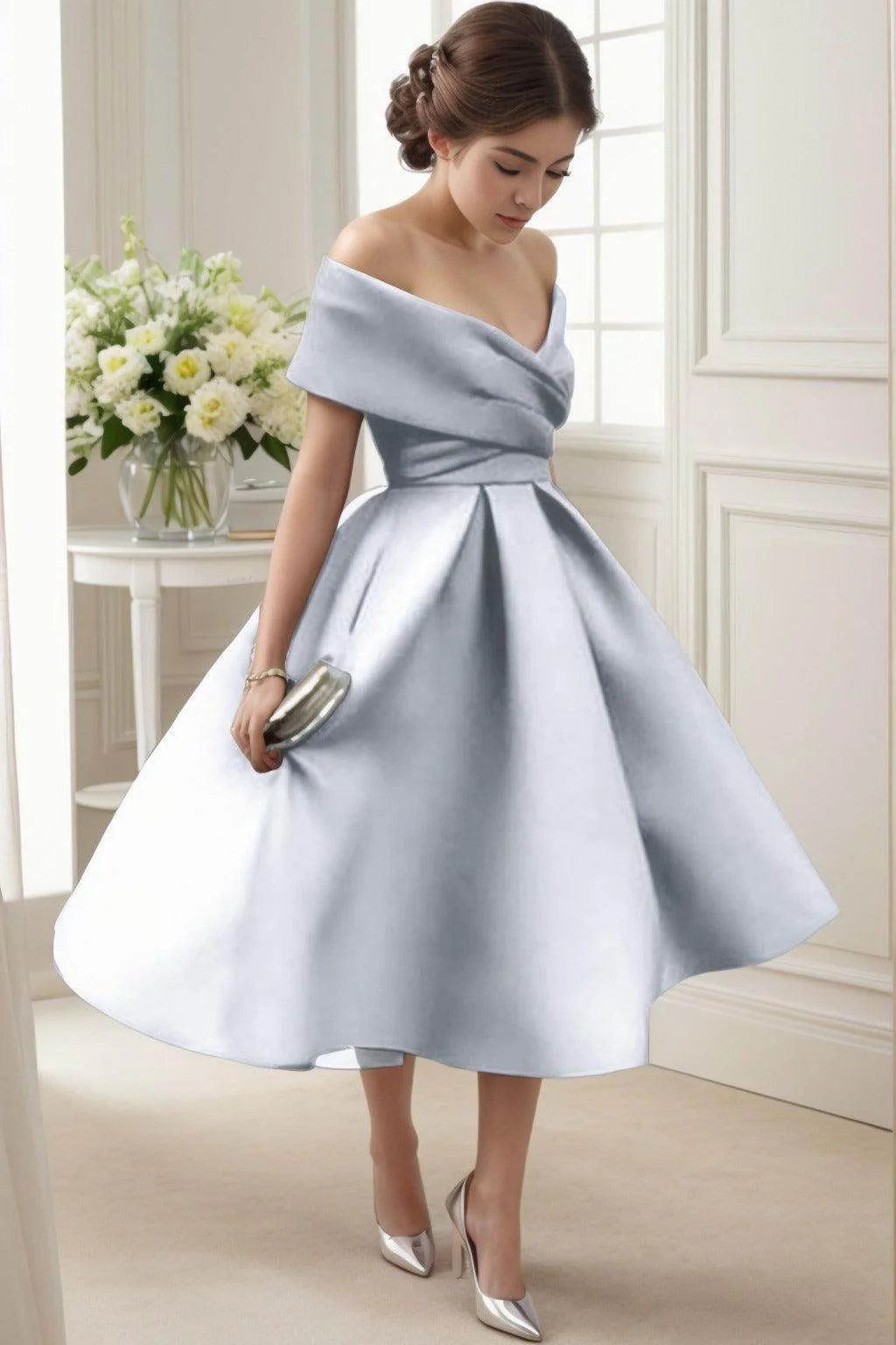 A-Line Tea Length Satin Graduation Dresses CS0556