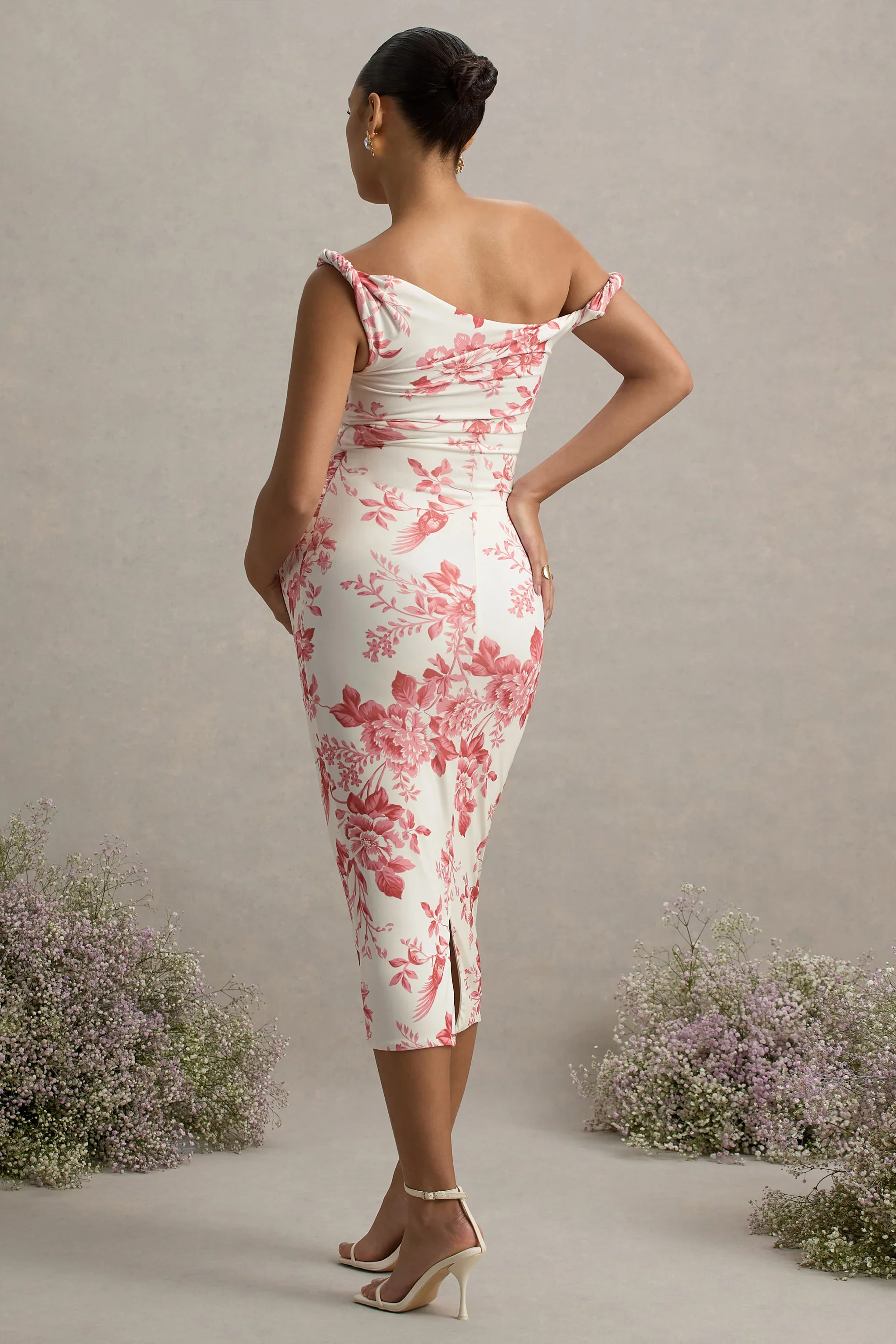 Salome | Pink Floral Print Twisted Asymmetric Maternity Midi Dress