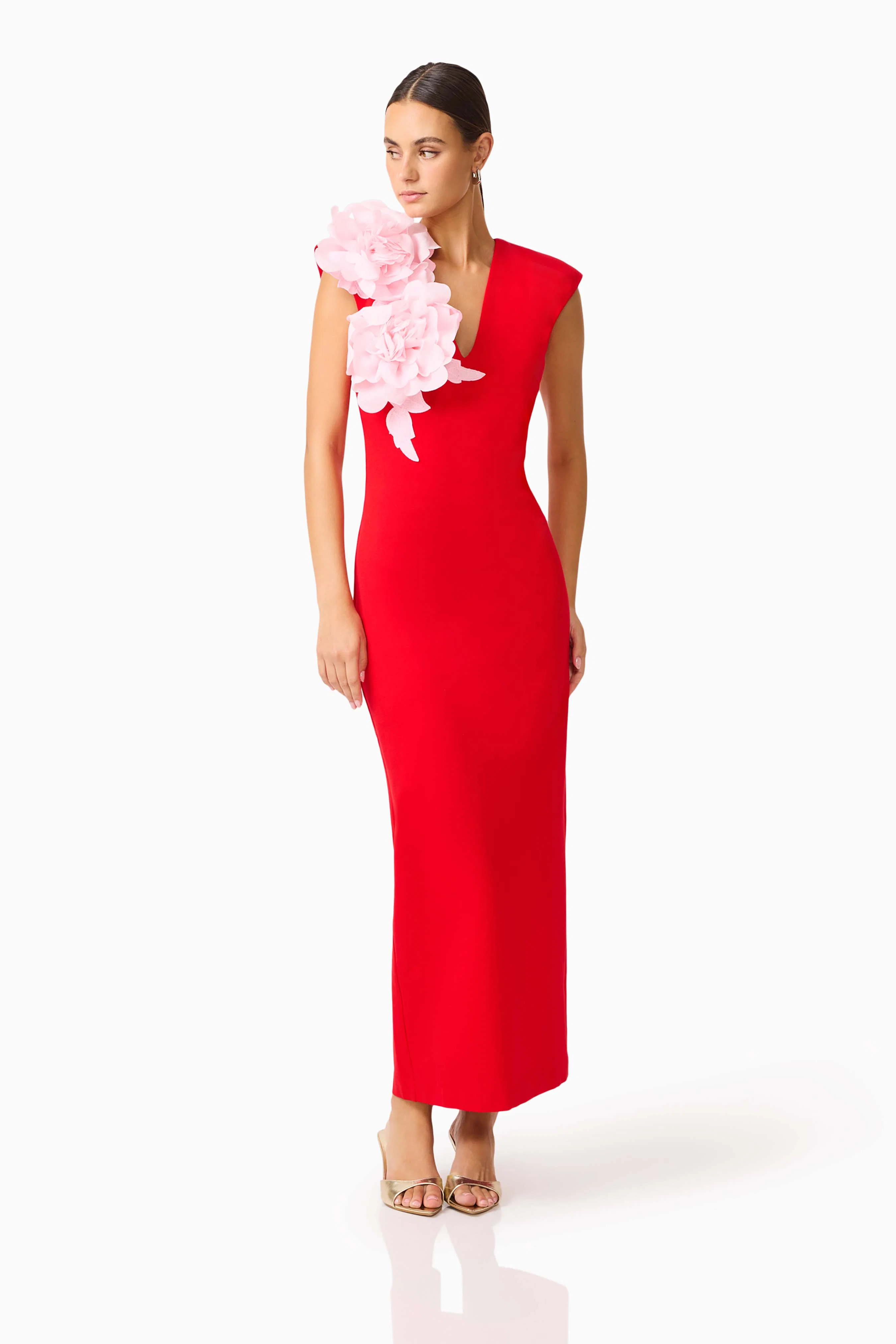 Zahara V-Neck Gown in Red & Pink