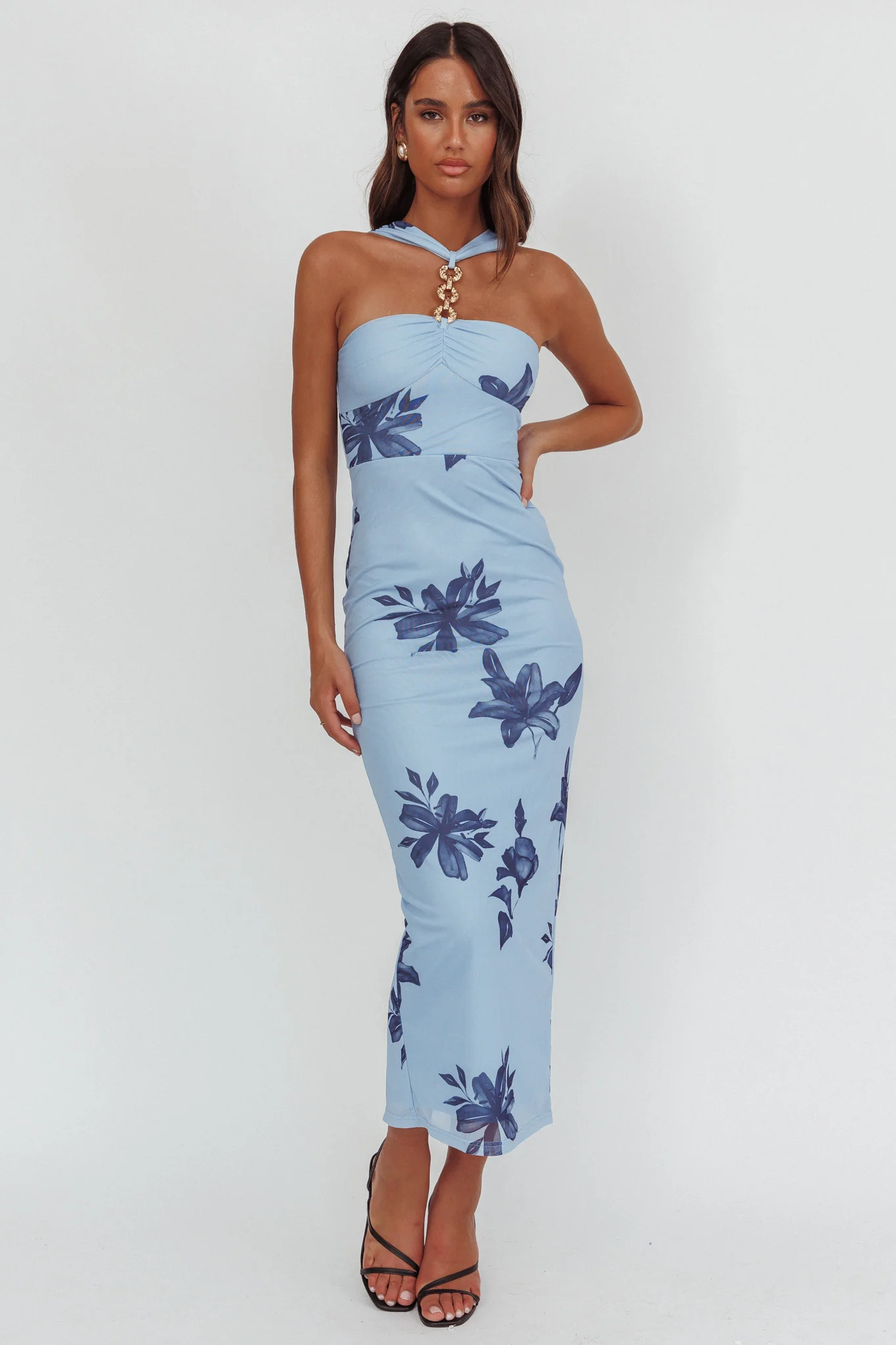 Maretha Gold Link Neckline Maxi Dress Lily Blue