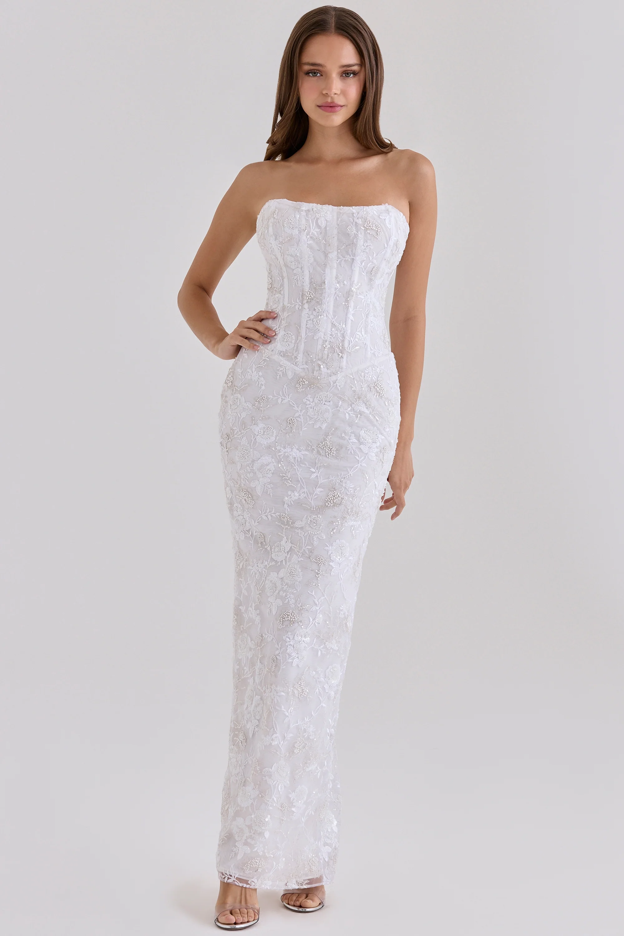 White Hand Beaded Embellished Strapless Maxi Dress