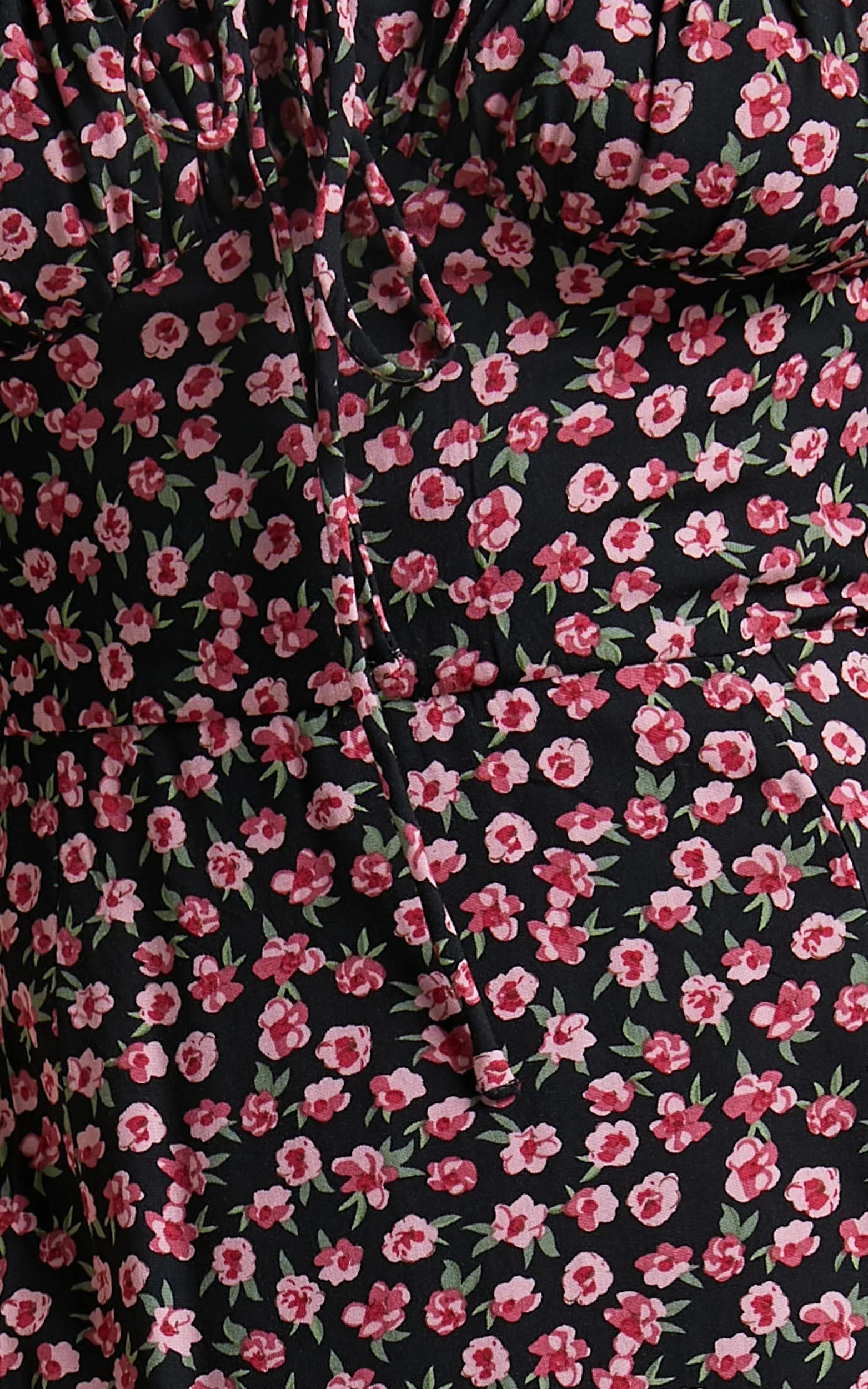 Rosario Midi Dress - Ruched Bust Puff Sleeve Dress in Black Floral