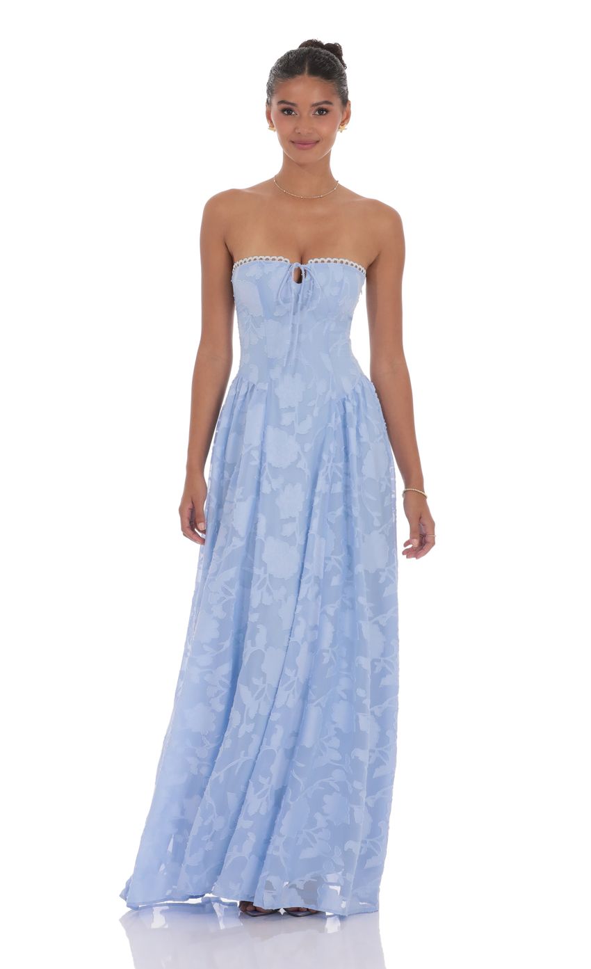 Floral Lace-Up Maxi Dress in Light Blue