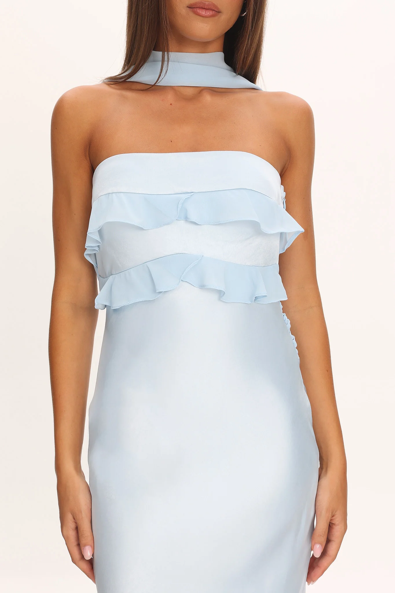 Damsel Reverse Halter Frill Trim Maxi Dress Baby Blue - luluinthesky