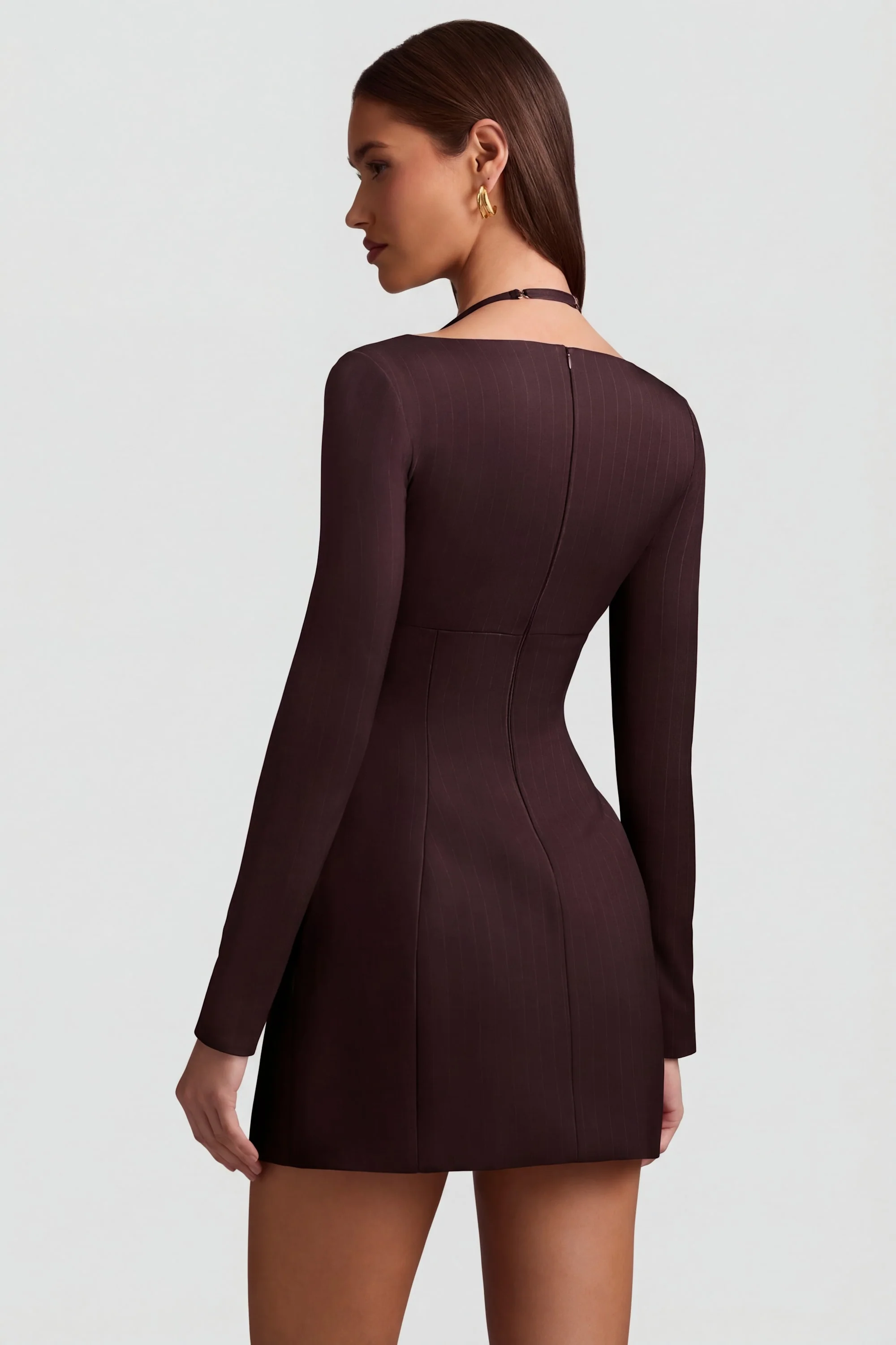 Pinstripe Structured A-Line Mini Dress in Chocolate Brown