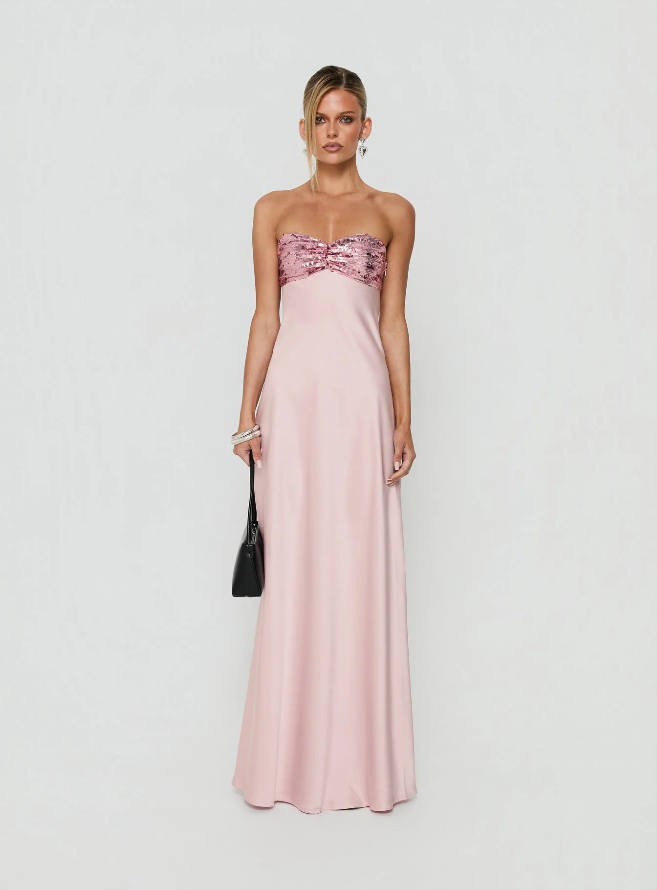 See The Vision Sequin Bust Strapless Maxi Dress Pink - luluinthesky