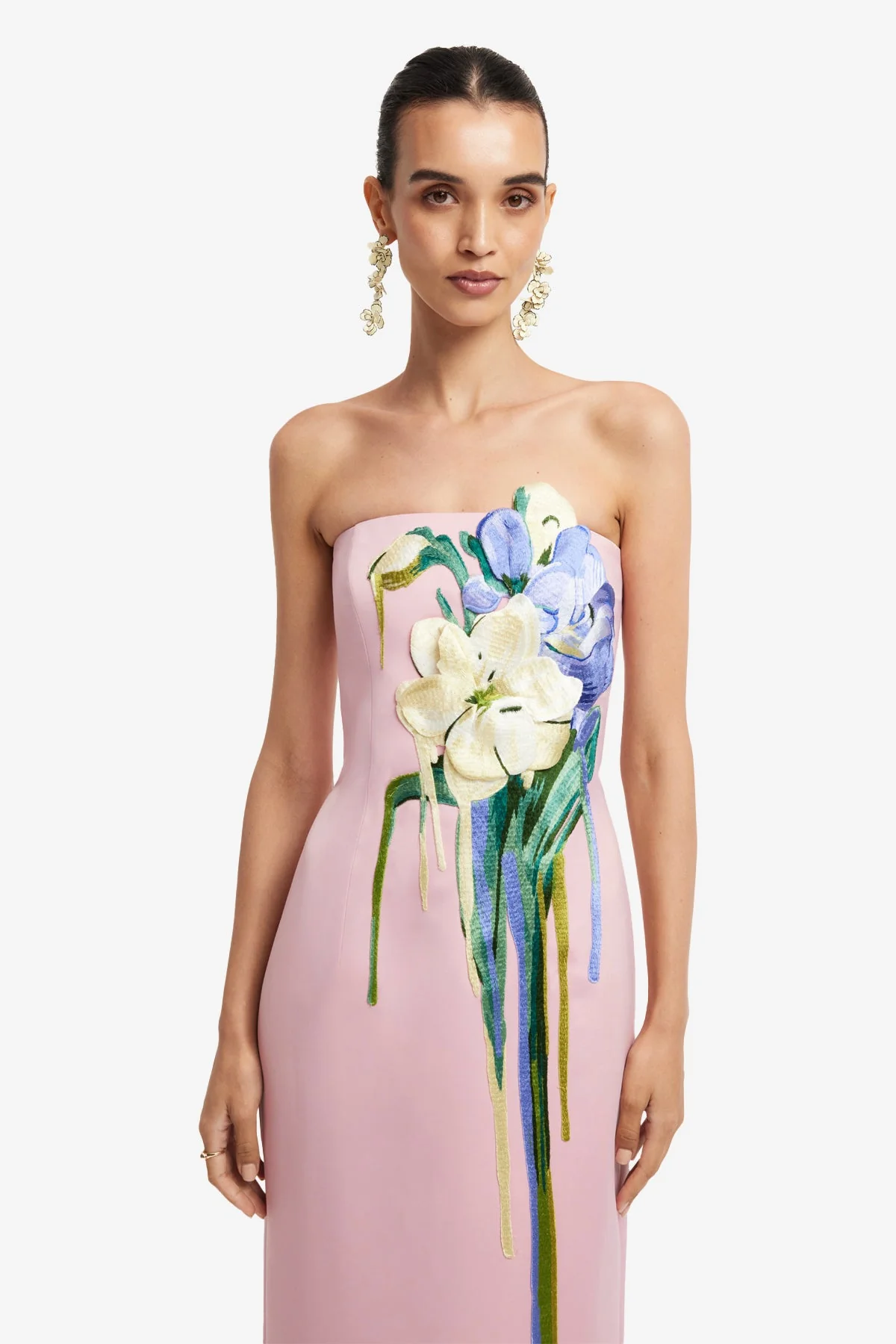 Rayna Embroidered Bustier Maxi Dress - Bouquet Print in Pastel Pink