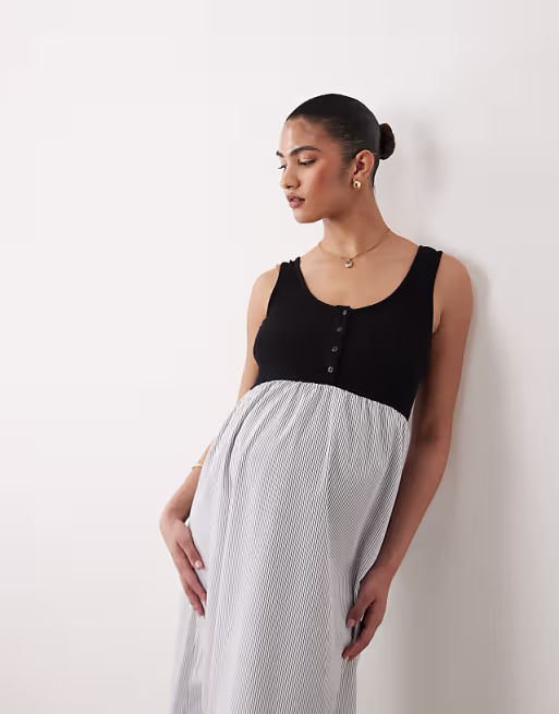 Mamalicious Maternity sleevless midi dress with contrast stripe skirt detail in black and white