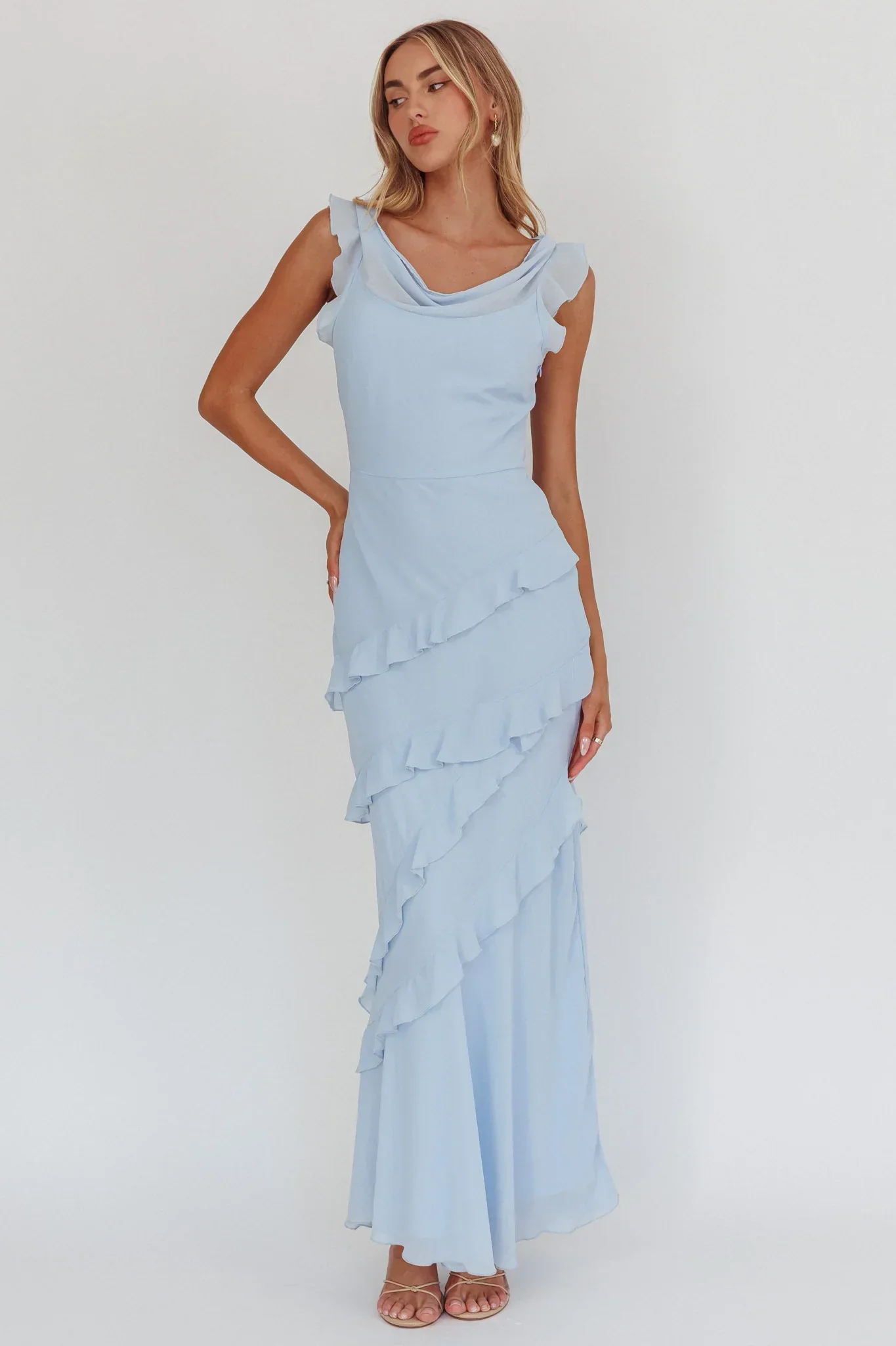 Sangria Cowl Neck Frill Maxi Dress Blue
